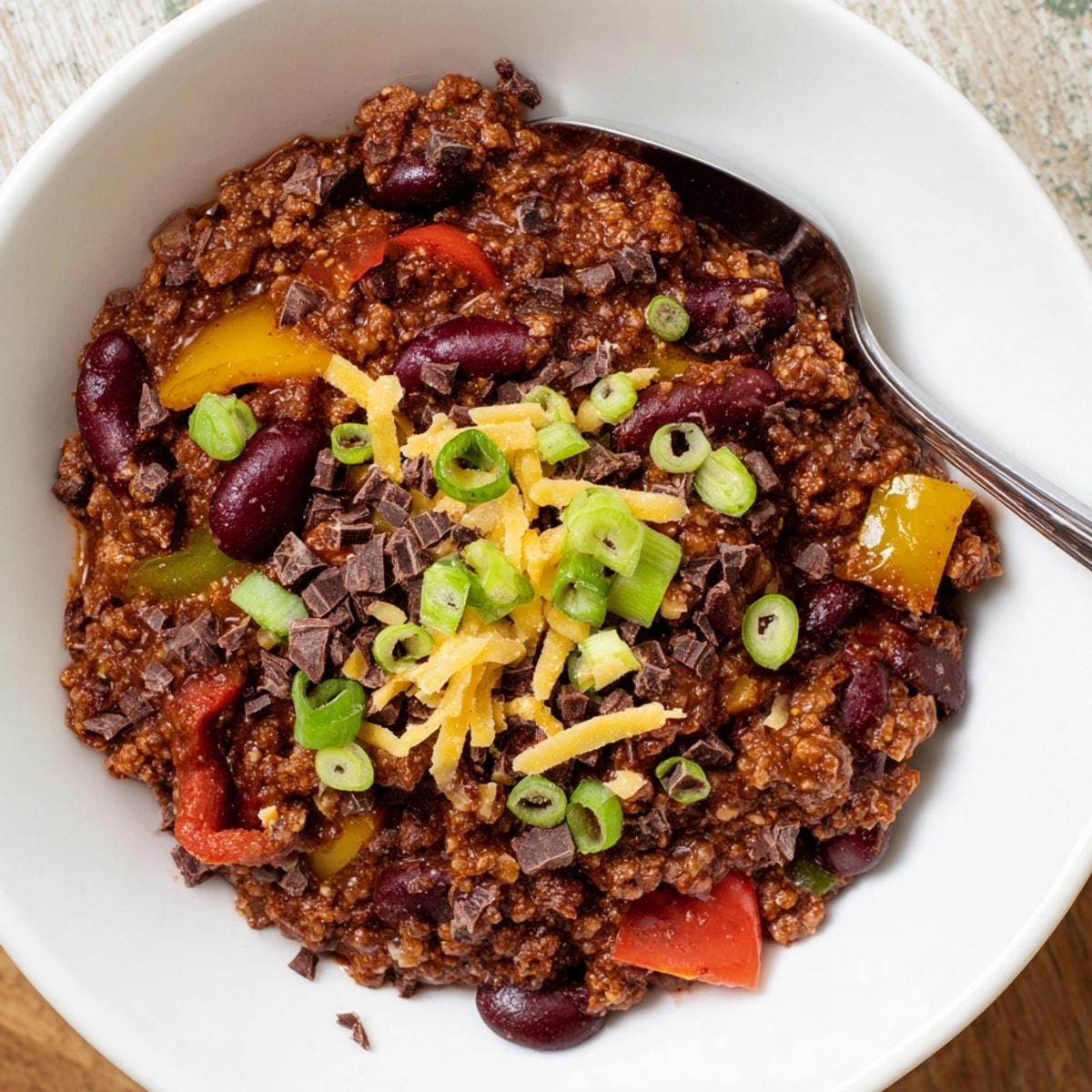 A steaming bowl of One-Pot Cozy Chocolate Chili, garnished with cilantro and sour cream.