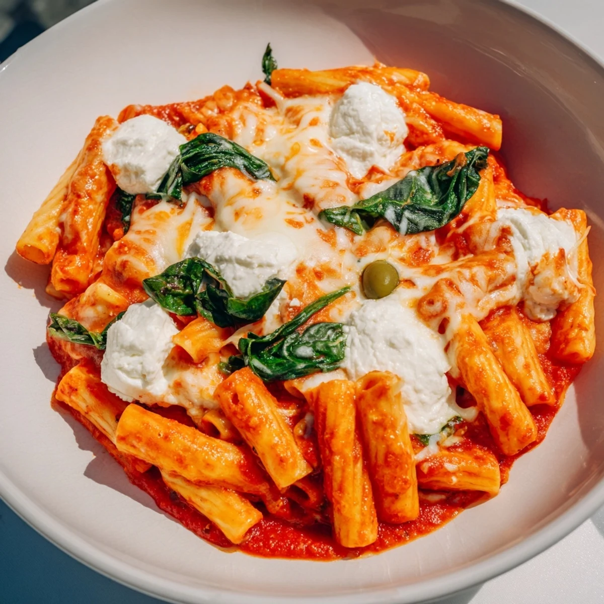 Golden, bubbly Olive-Warm Baked Ziti with herbs and cheese, ready for a comforting meal.
