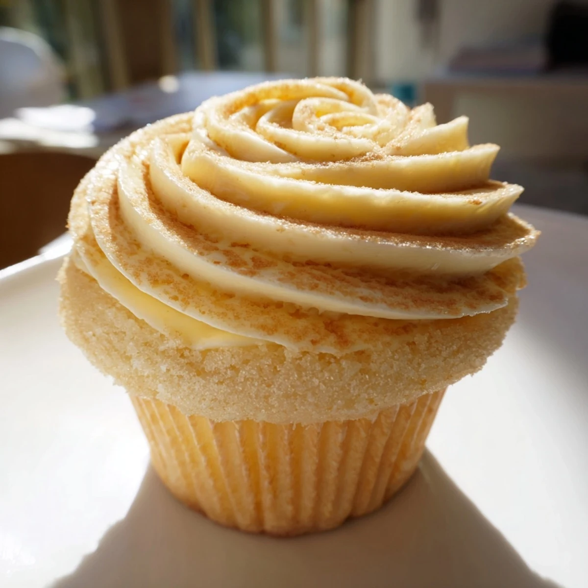 Freshly baked vanilla cupcakes, generously frosted with buttercream, ready to enjoy at home.