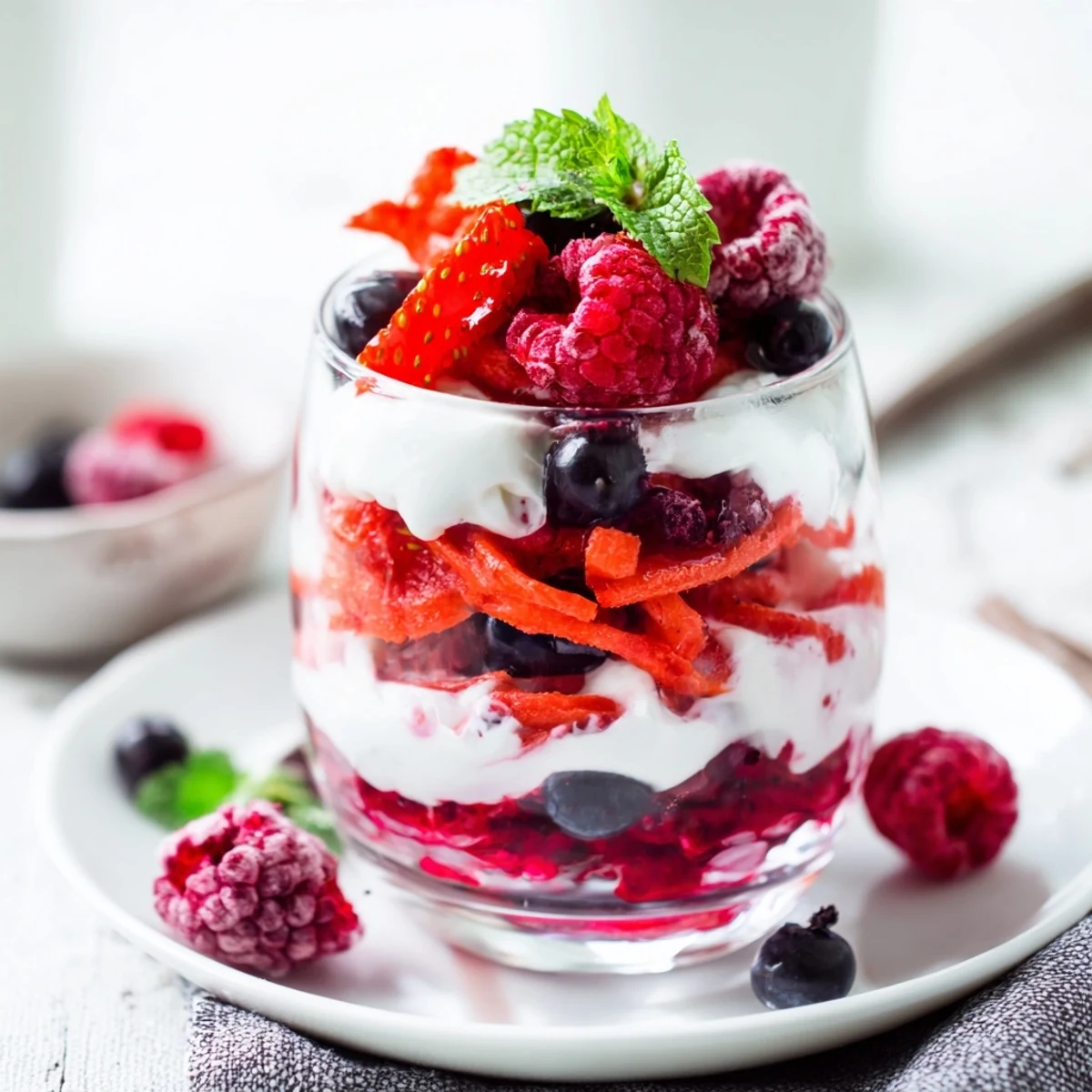 Vibrant, layered berry parfait with creamy whipped topping, a simple, delicious dessert pictured.