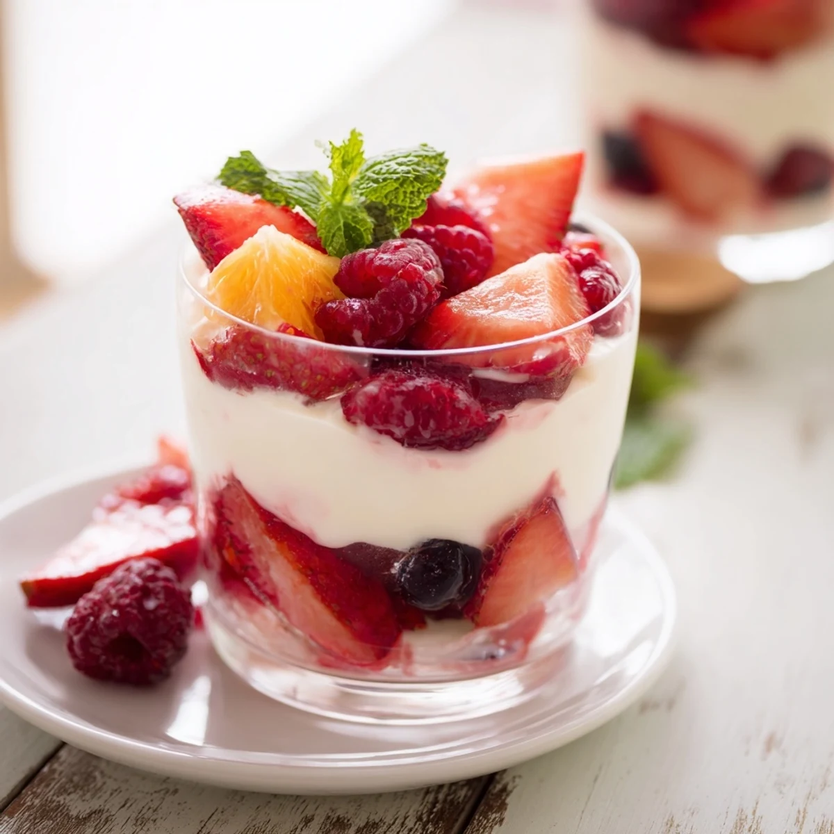 A close-up of a refreshing berry parfait: sweet berries beneath a cloud of whipped cream, ready to enjoy.