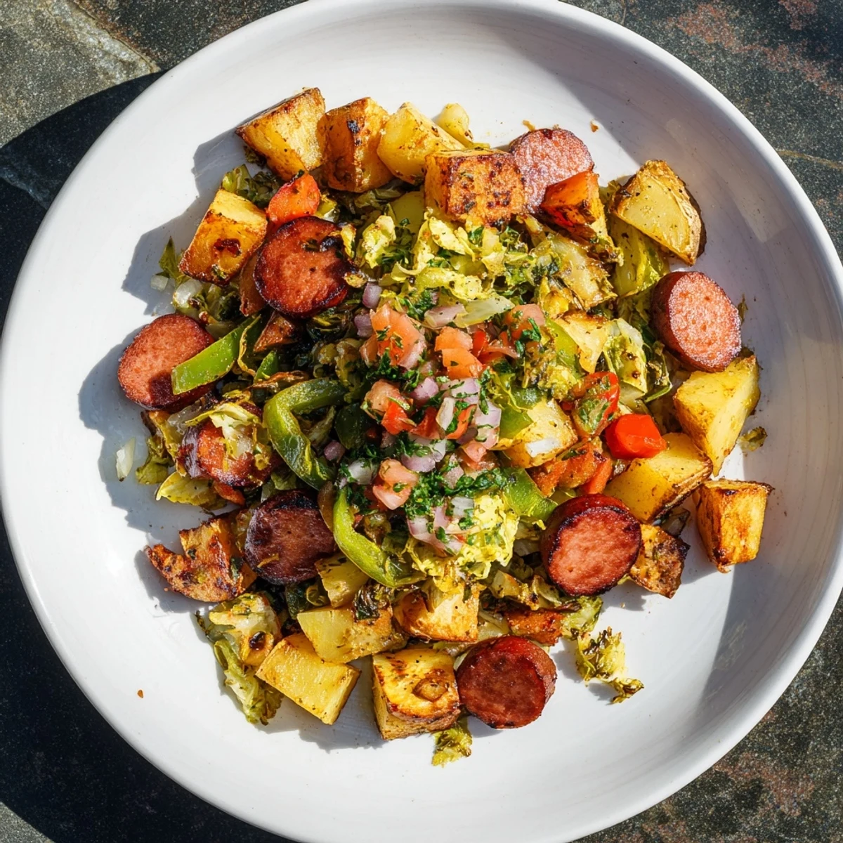 Golden-brown Rustic Flint-Style Skillet Plate with kielbasa, cabbage, and potatoes, ready to serve and enjoy.