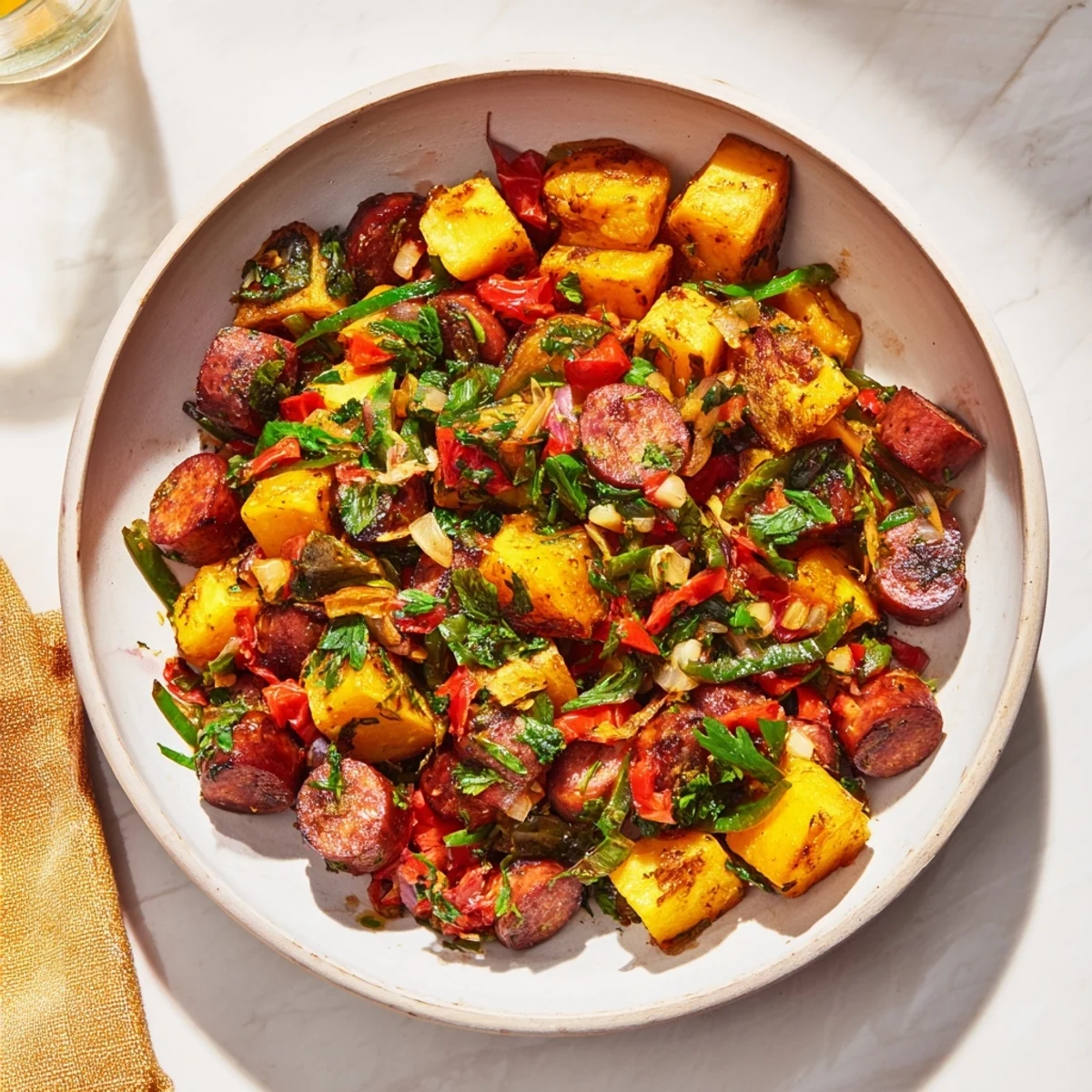 A close-up view of the hearty Rustic Flint-Style Skillet Plate, showcasing the kielbasa and tender cabbage.