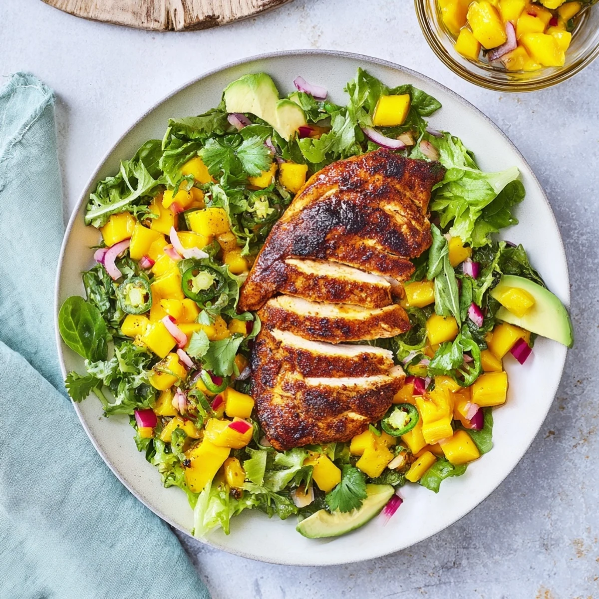 Juicy grilled chicken and vibrant mango salsa top lettuce wraps for delightful summer Chicken and Mango Salsa.