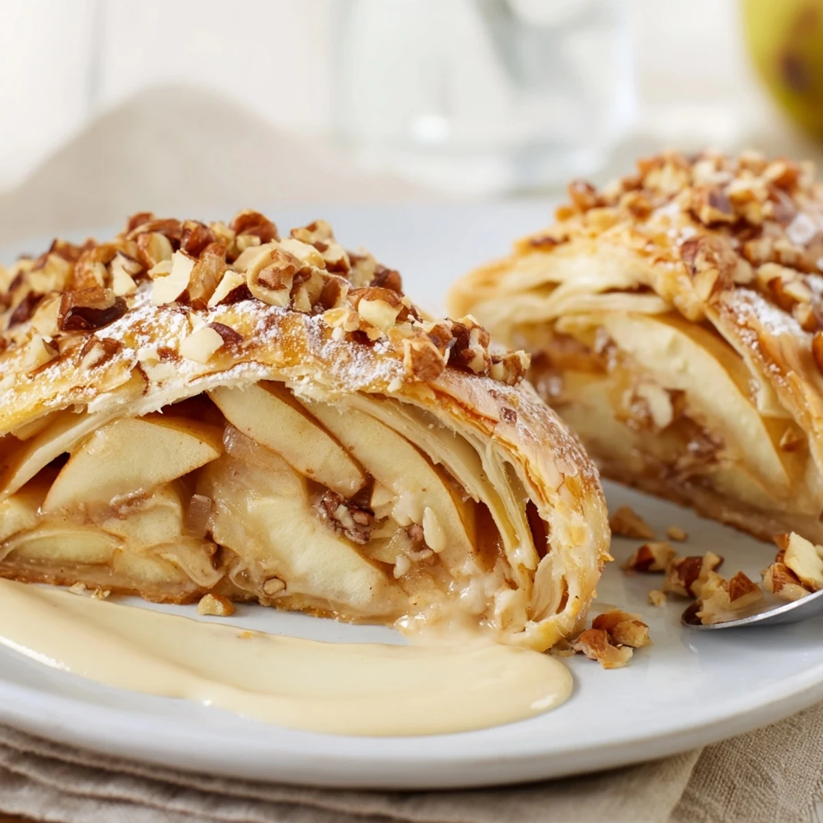 Flaky apple strudel with warm vanilla sauce, a cozy autumn dessert, looks delicious.