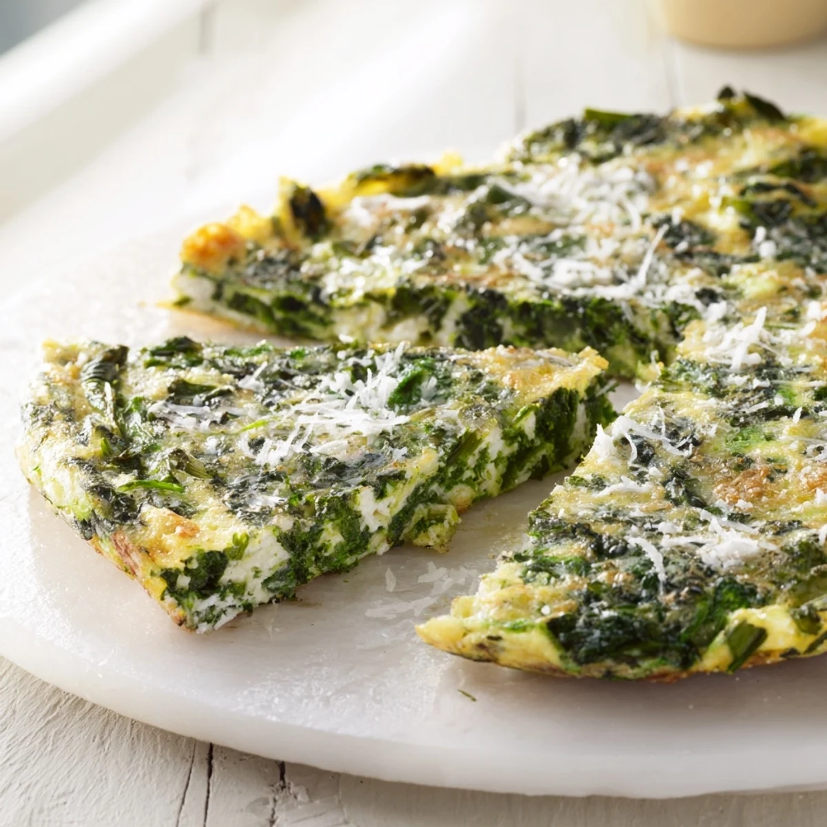 Golden Meadow-Soft Cozy Plate Frittata bursting with vibrant spring greens and creamy goat cheese.