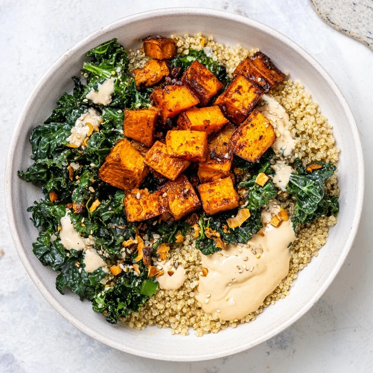 Light Coastal Bowl: a colorful, healthy quinoa bowl with roasted sweet potatoes, kale, and lemon-tahini dressing.
