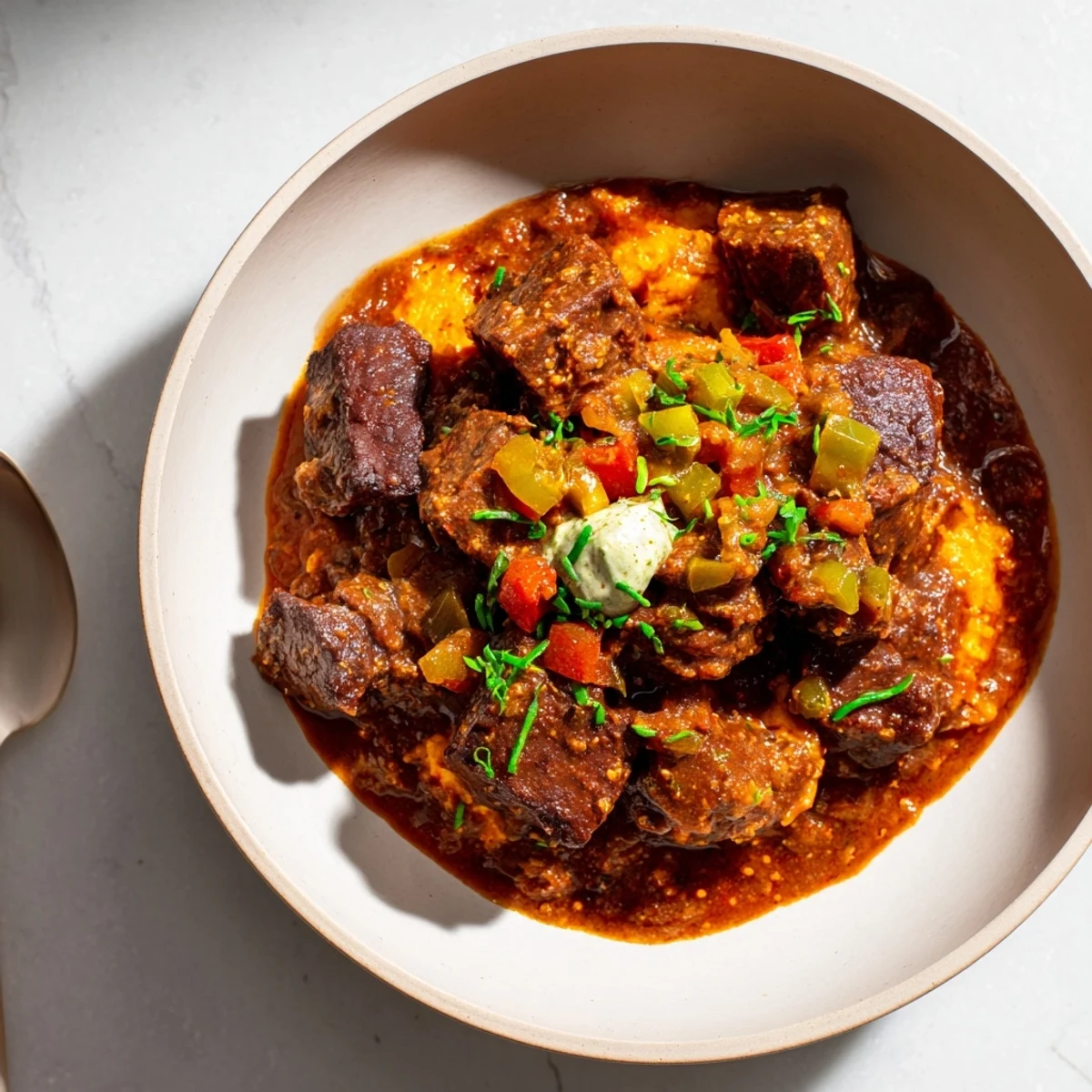 A steaming bowl of Hungarian Goulash atop egg noodles, savory beef with rich, red sauce.