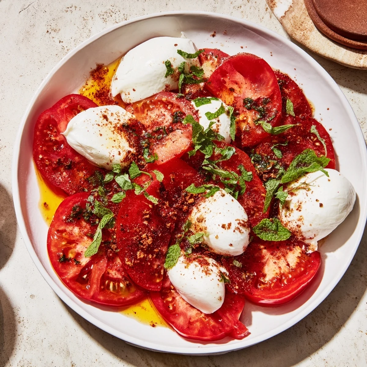 A close-up of a Caprese salad showcasing juicy tomatoes, mozzarella, and a refreshing basil vinaigrette.