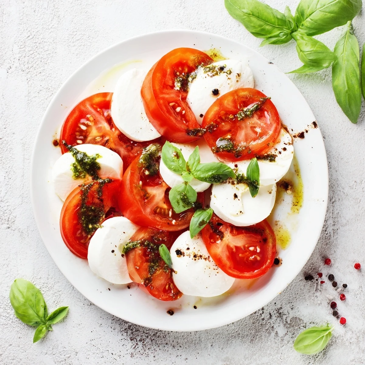 Caprese salad with basil vinaigrette, a colorful platter of tomatoes, mozzarella, and vibrant basil.