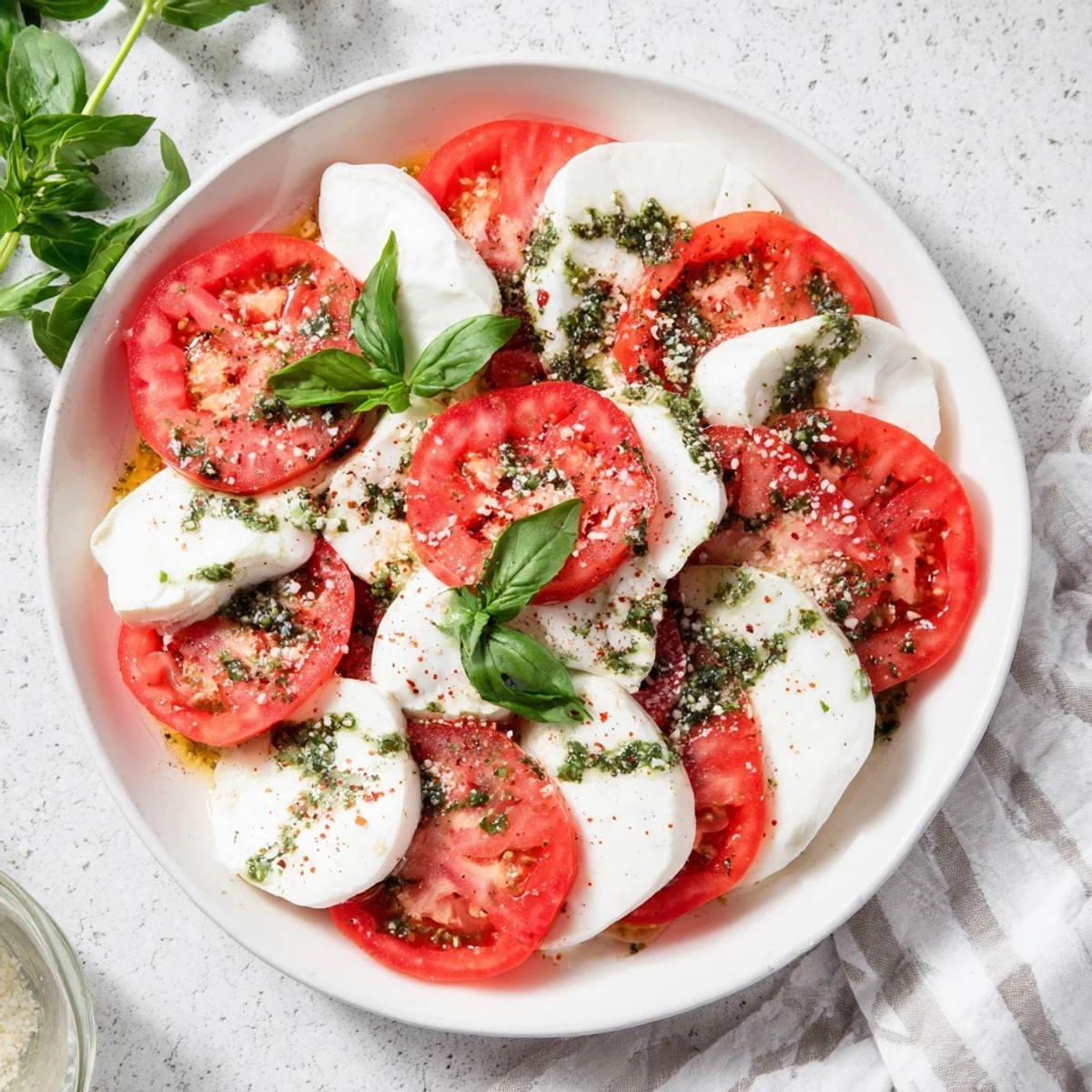 Fresh Caprese salad drizzled with flavorful basil vinaigrette, ready to be enjoyed as a starter or meal.