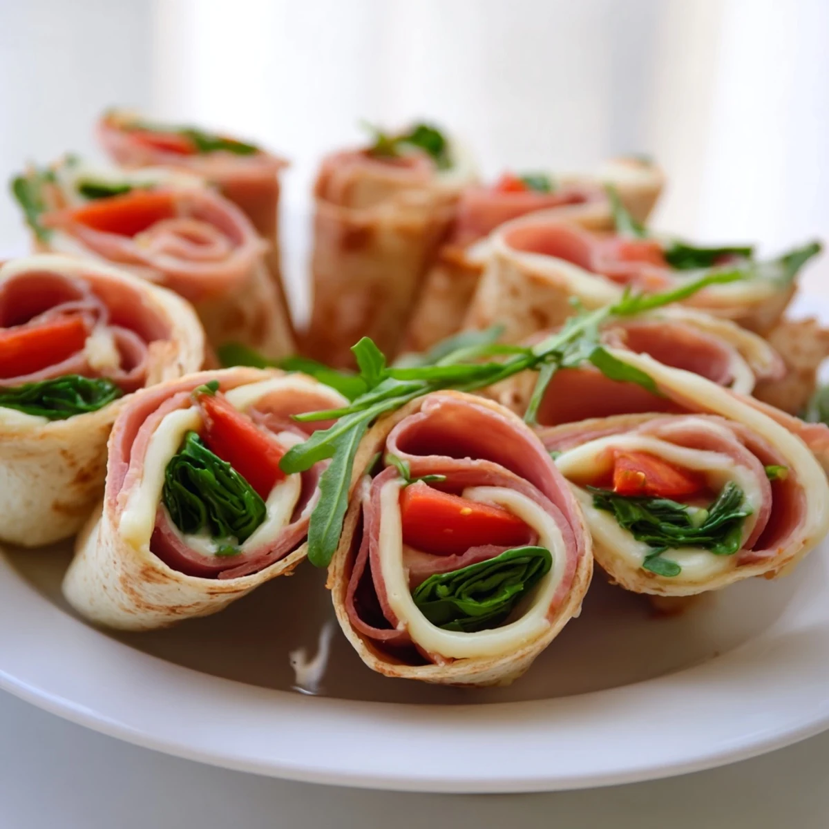 Turkey and Provolone Pinwheels: A platter displaying rolled appetizer slices filled with turkey, cheese, and veggies.