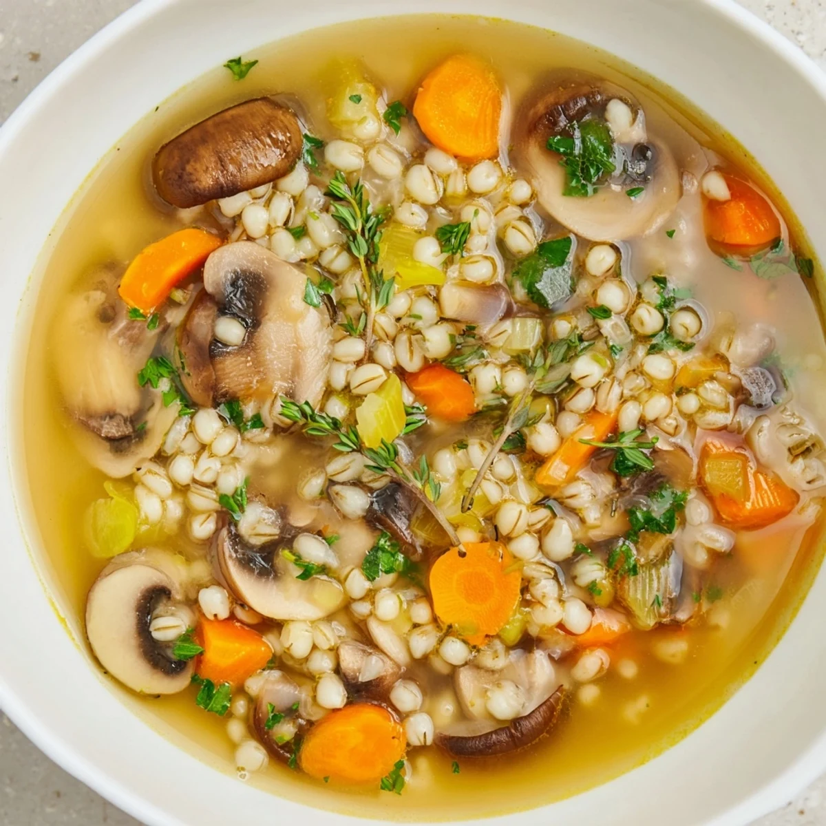 Steaming bowl of Wild Mushroom and Barley Soup, garnished with fresh parsley, ready to eat.