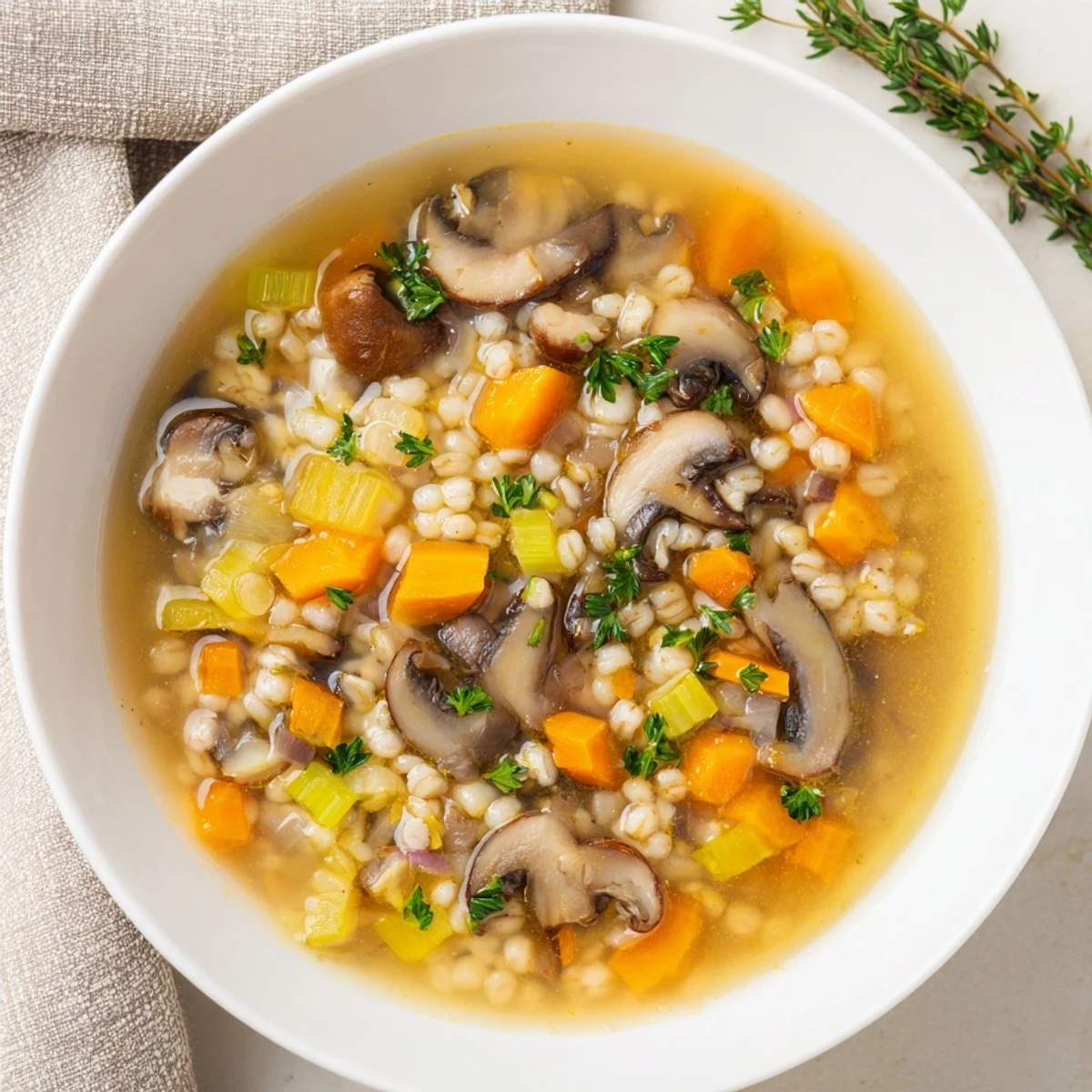 A close up shows the delicious textures of this hearty Wild Mushroom and Barley Soup mixture.