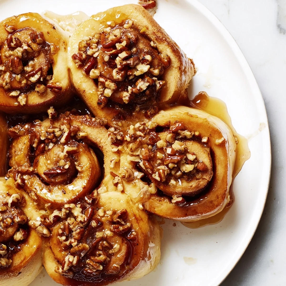 Golden, gooey Maple Pecan Sticky Buns fresh from the oven, glistening with maple syrup glaze and pecans.
