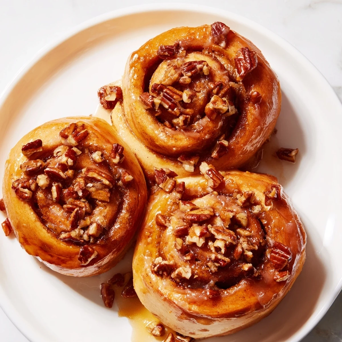 Close-up of fluffy Maple Pecan Sticky Buns, showcasing a swirl of cinnamon, pecans, and delicious maple glaze.