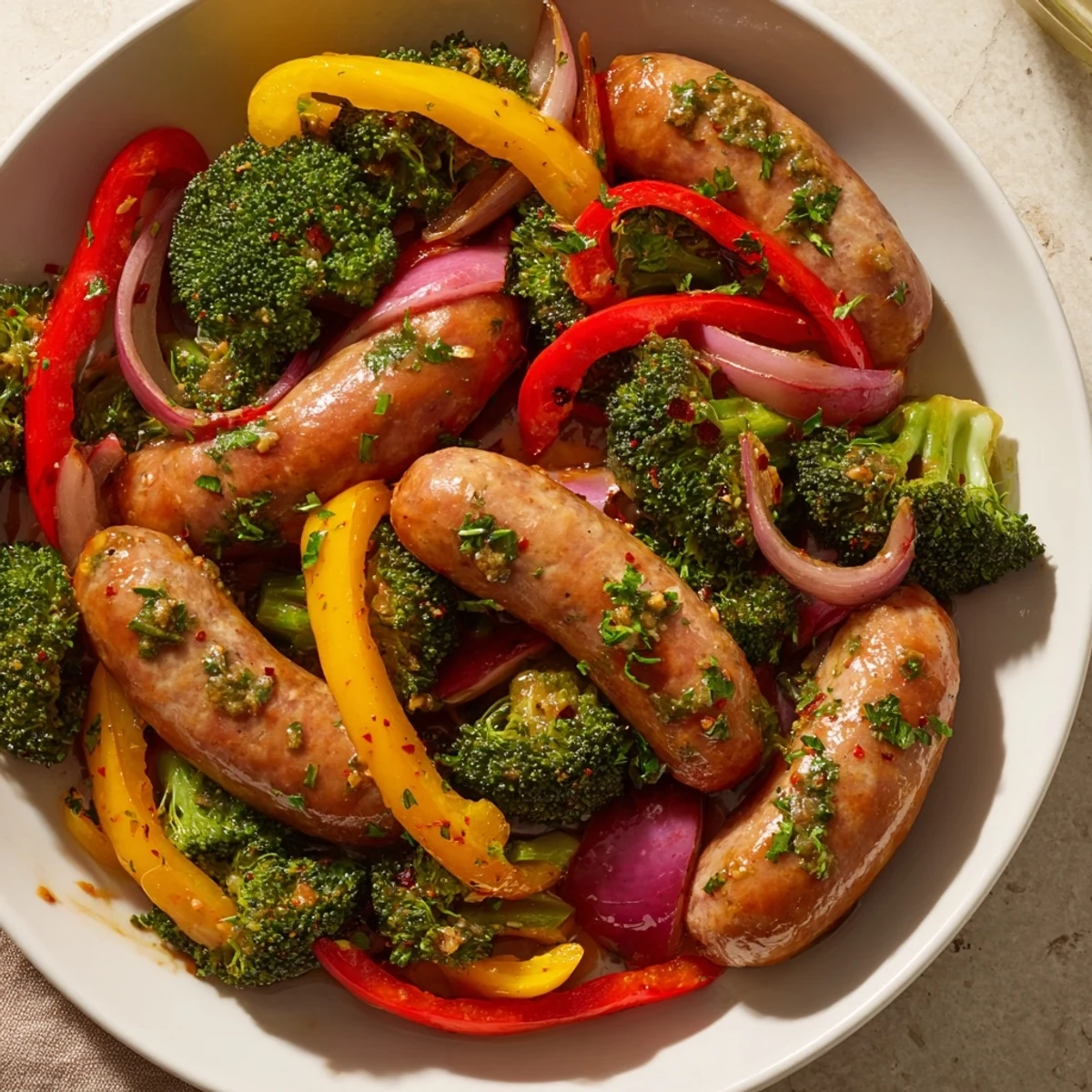 Golden Sheet-pan sausage, broccoli, & bell peppers, a complete, vibrant American dinner with roasted flavors.