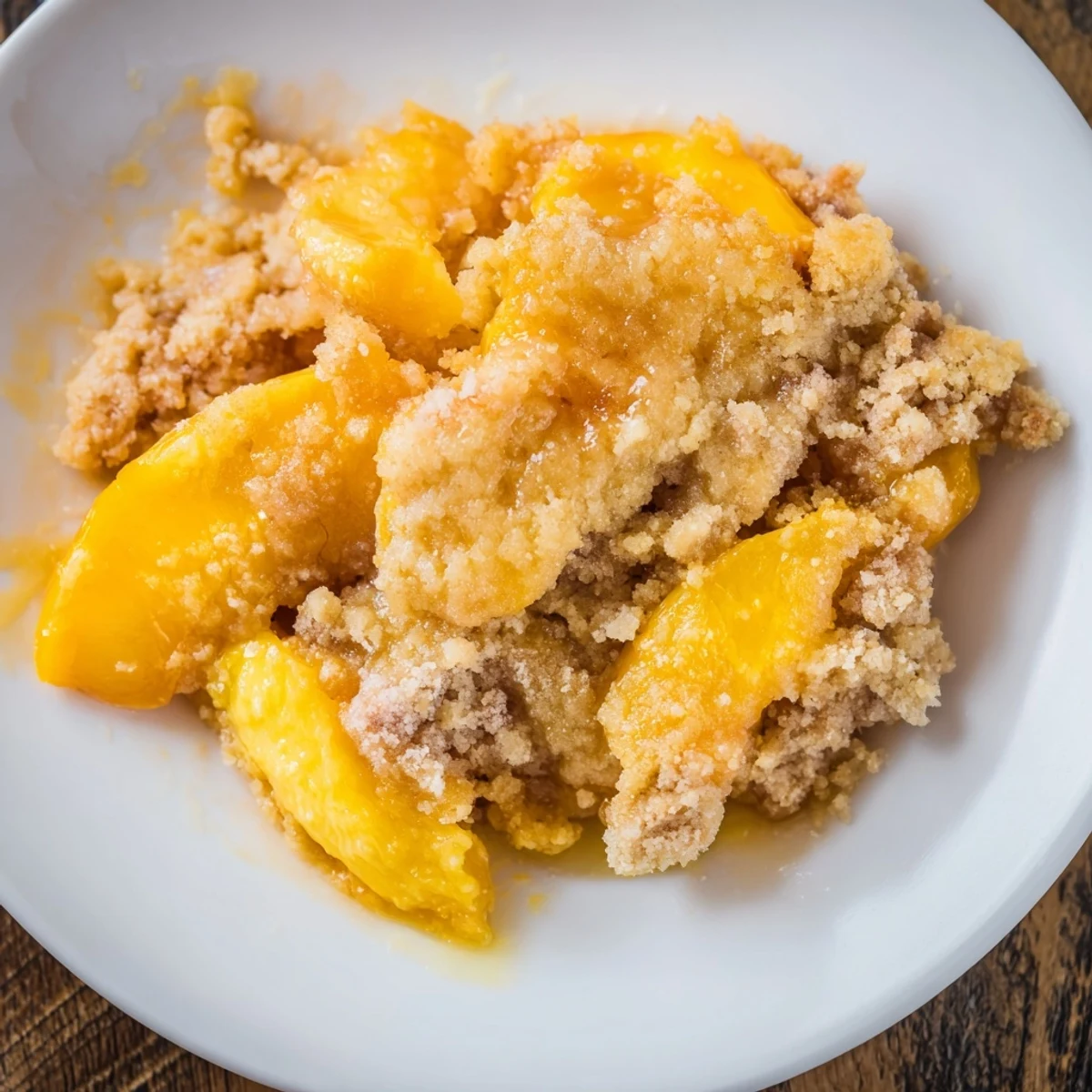 Golden, bubbly Peach and Ginger Crumble, a warm dessert with a sweet, spiced aroma.