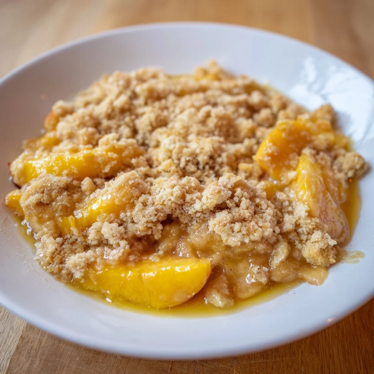 A close-up shot of a rustic Peach and Ginger Crumble, with a buttery, crunchy topping.