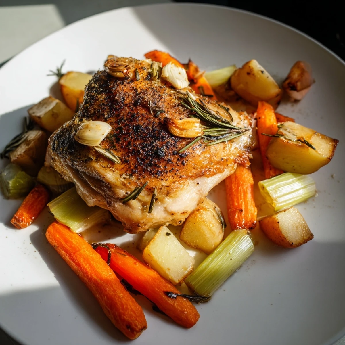 A beautiful, whole Roast Chicken with Rosemary and Garlic, glistening after being cooked to perfection.
