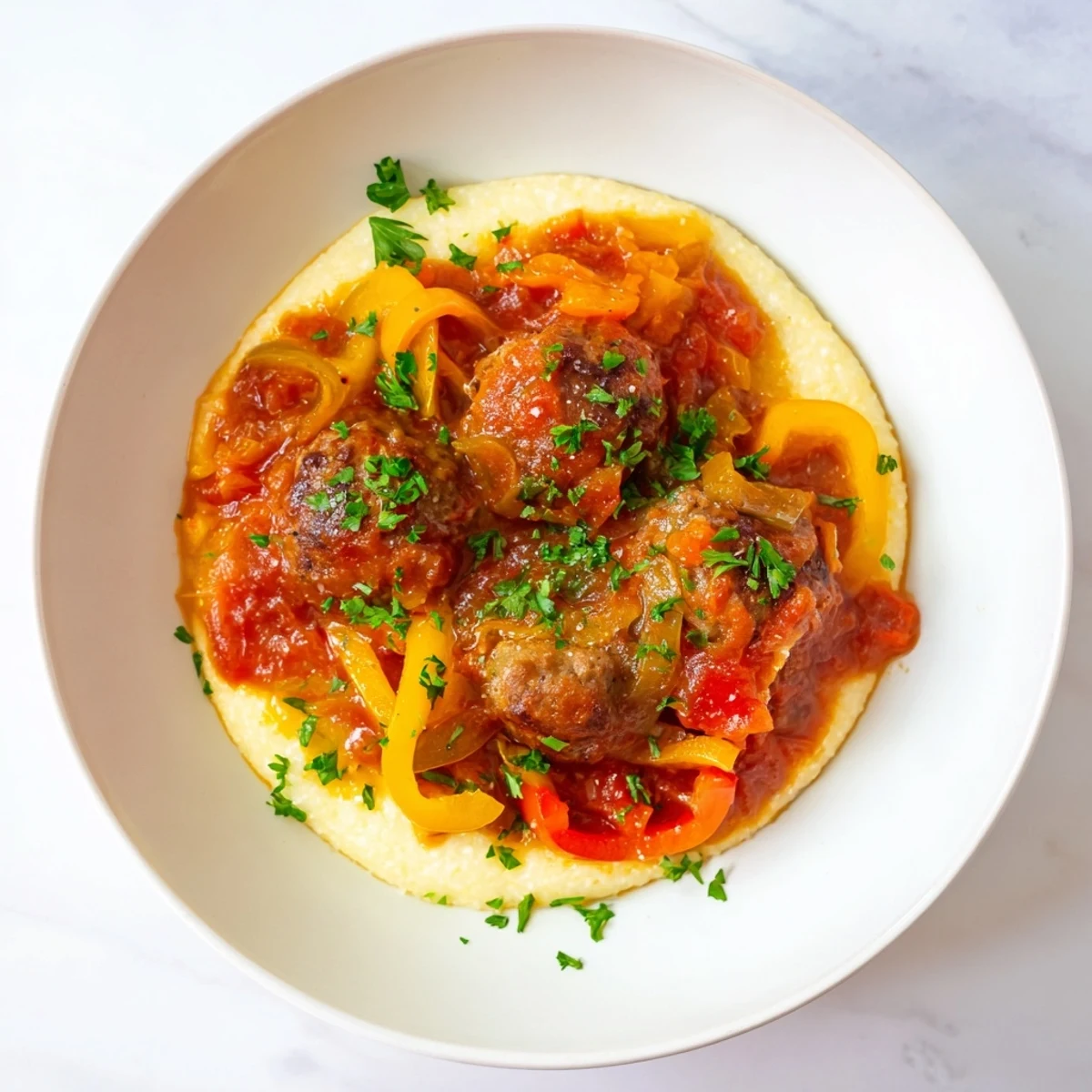 Sizzling Herb-Cozy Skillet Sausage and Peppers atop creamy polenta, a satisfying Italian-inspired dinner.