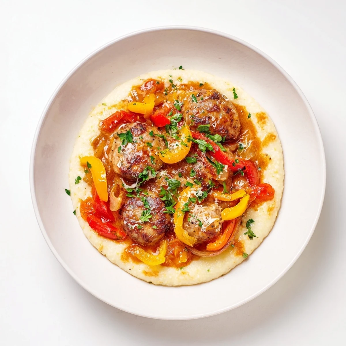 This warm photo showcases the finished Herb-Cozy Skillet Sausage and Peppers, a comforting, gluten-free meal.