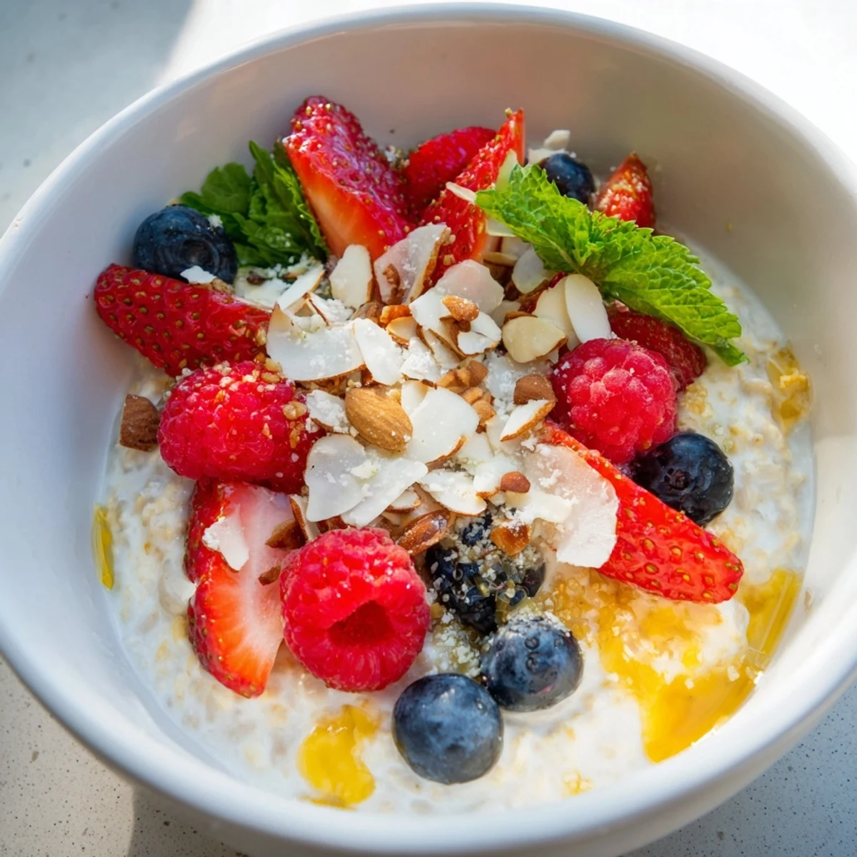 Overnight oats with berries and honey: a vibrant breakfast bowl bursting with fresh berries and golden honey drizzle.