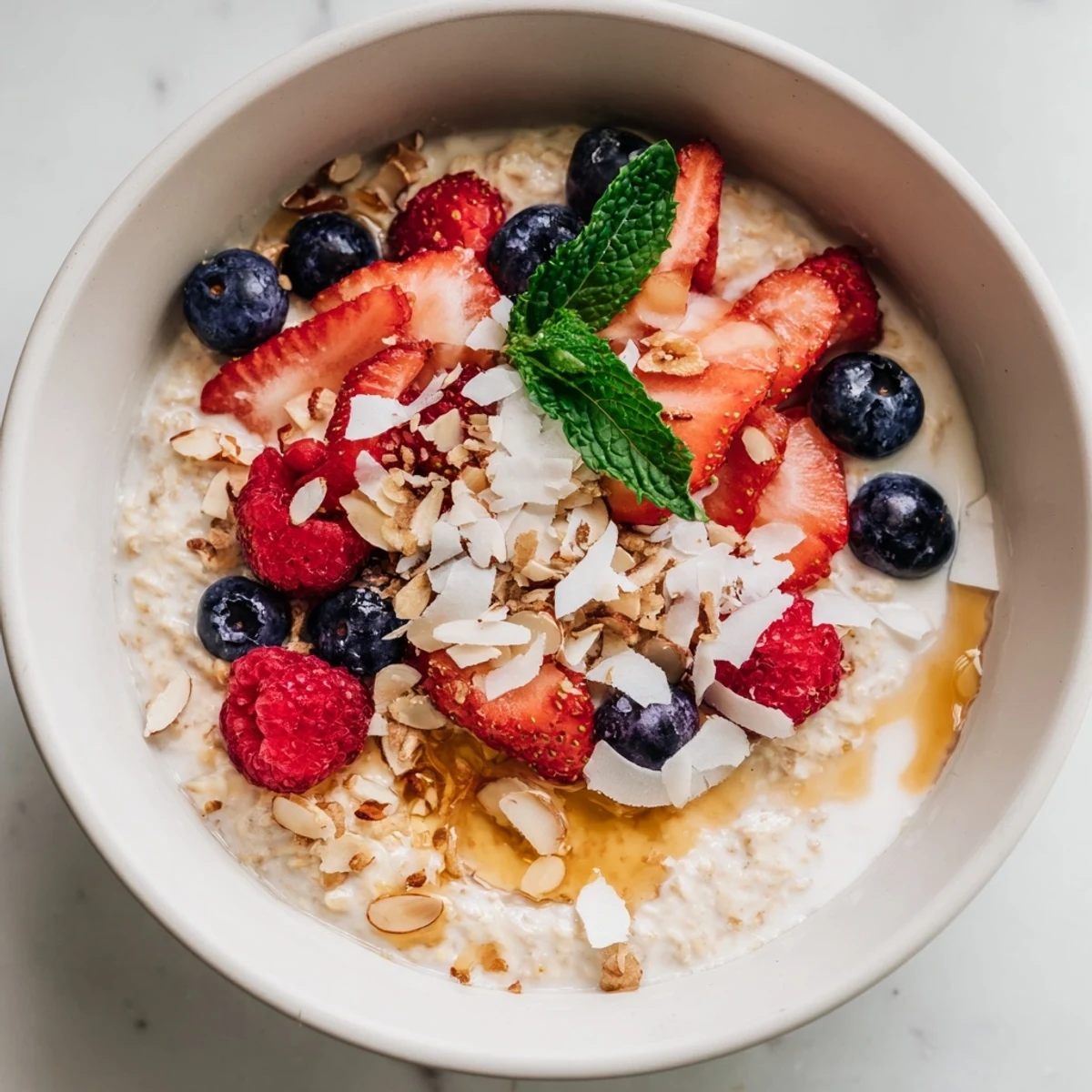 Enjoy this healthy and easy overnight oats with berries and honey, cold and ready to eat this morning.