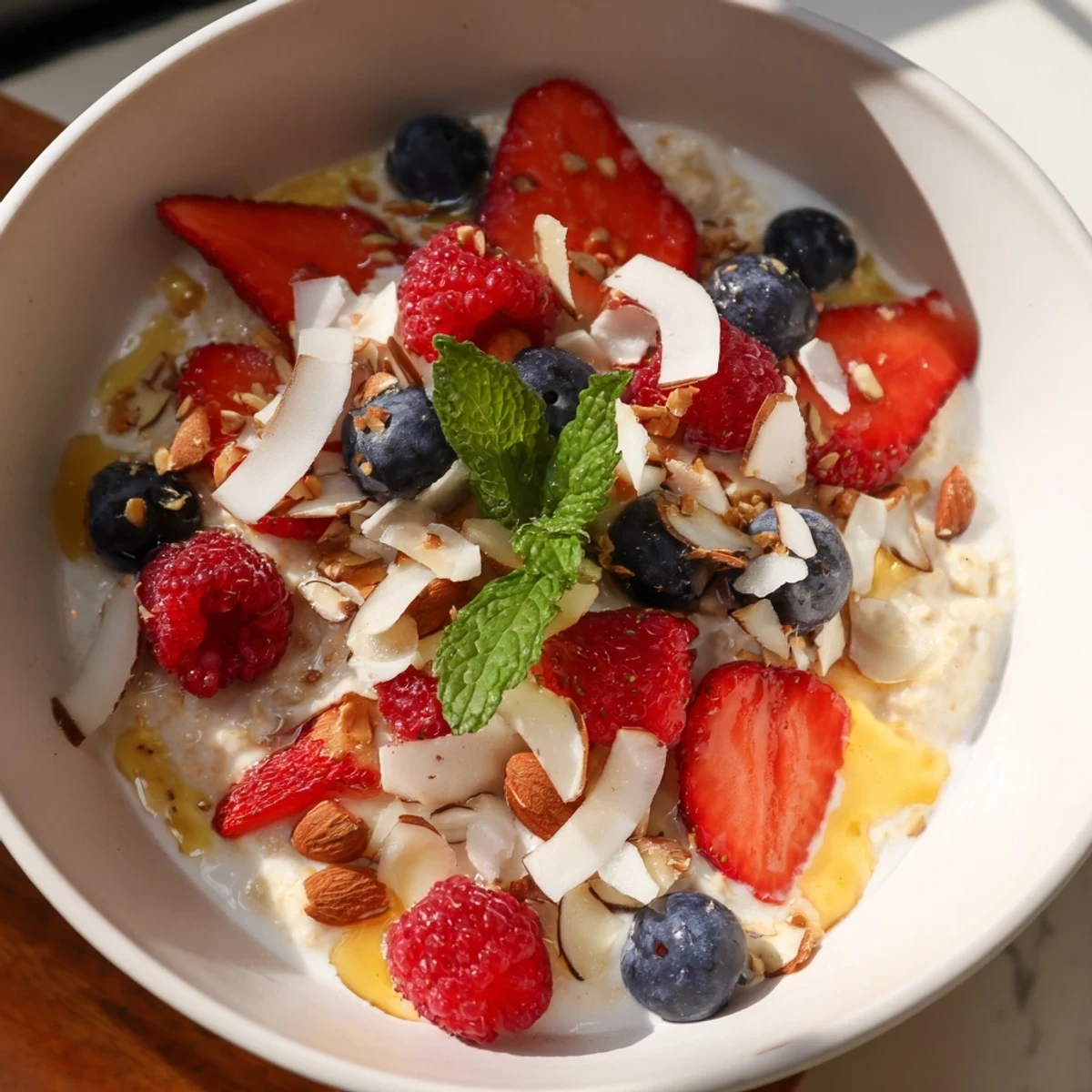 Creamy overnight oats with berries and honey topped with juicy red, purple, and blue fruit, inviting you to enjoy.