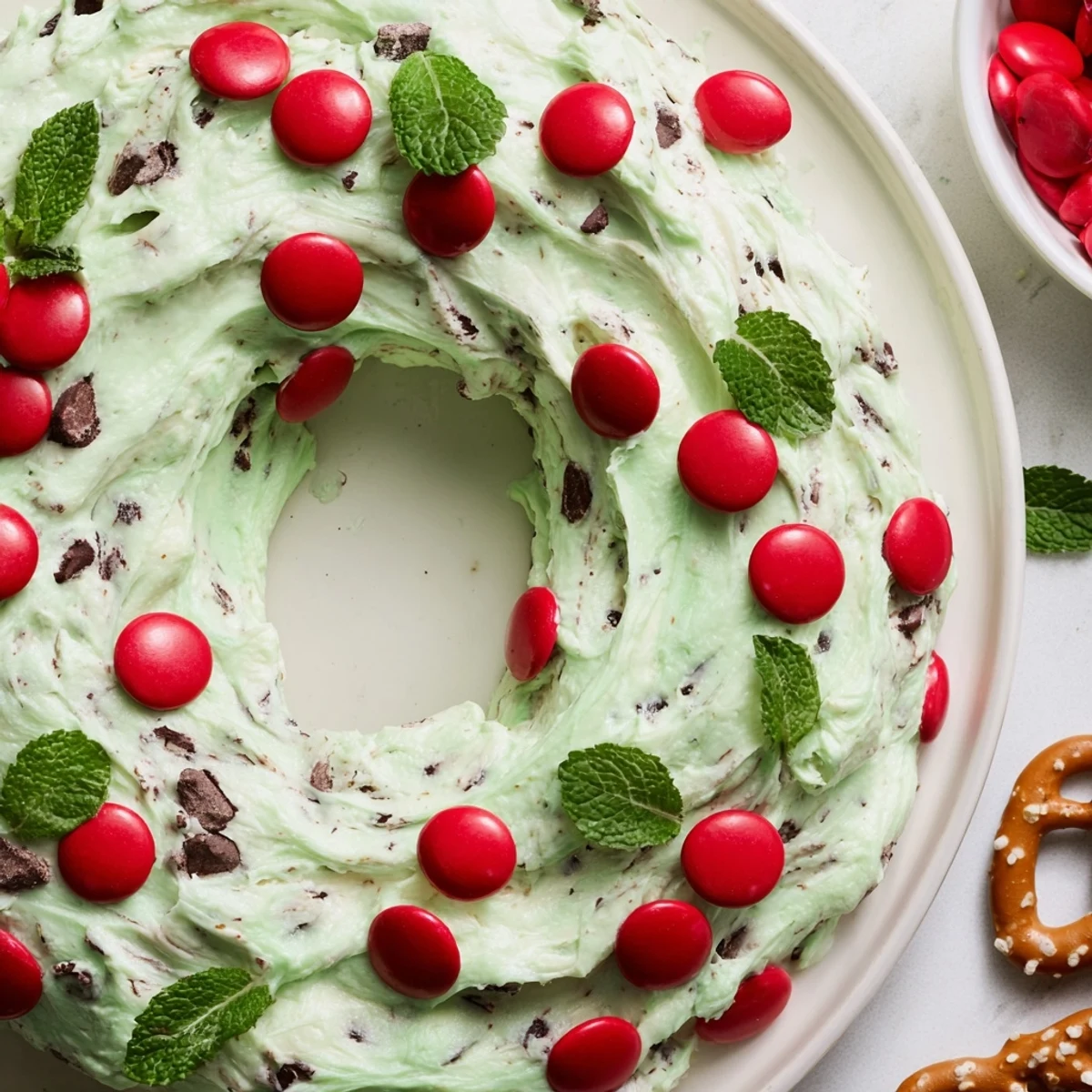 Creamy Mint Chocolate Chip Dip Wreath, studded with chocolate chips, ready to serve with cookies.