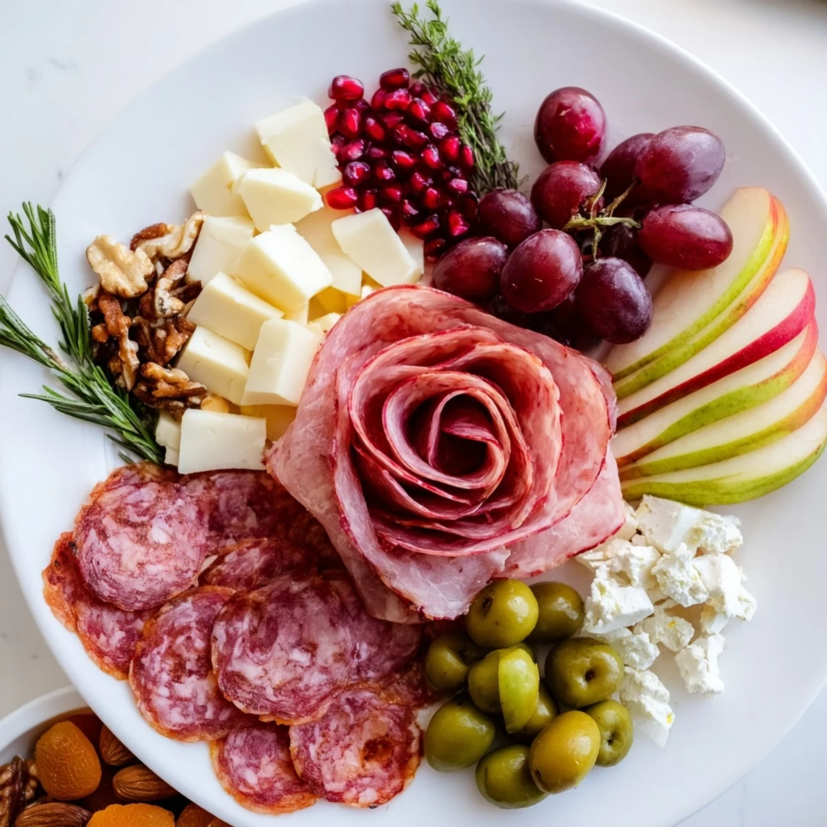 Beautiful meat rose bouquet charcuterie board overflowing with savory meats, cheese, grapes, and nuts.