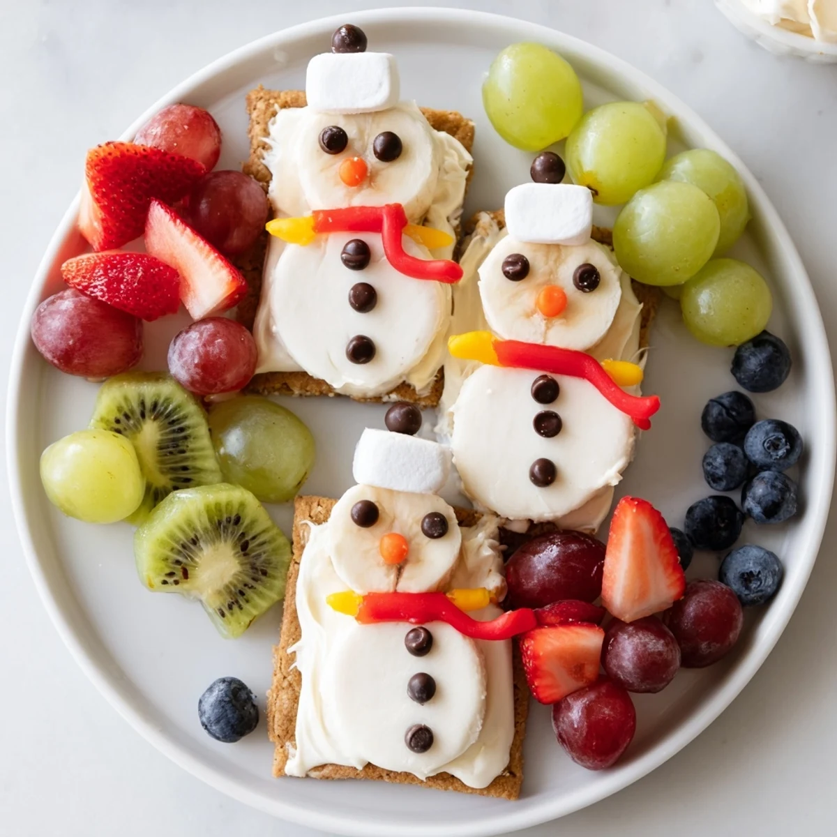 Colorful Melting Snowman Fruit Pizza ready to serve, with fresh berries and marshmallow snowmen smiling.