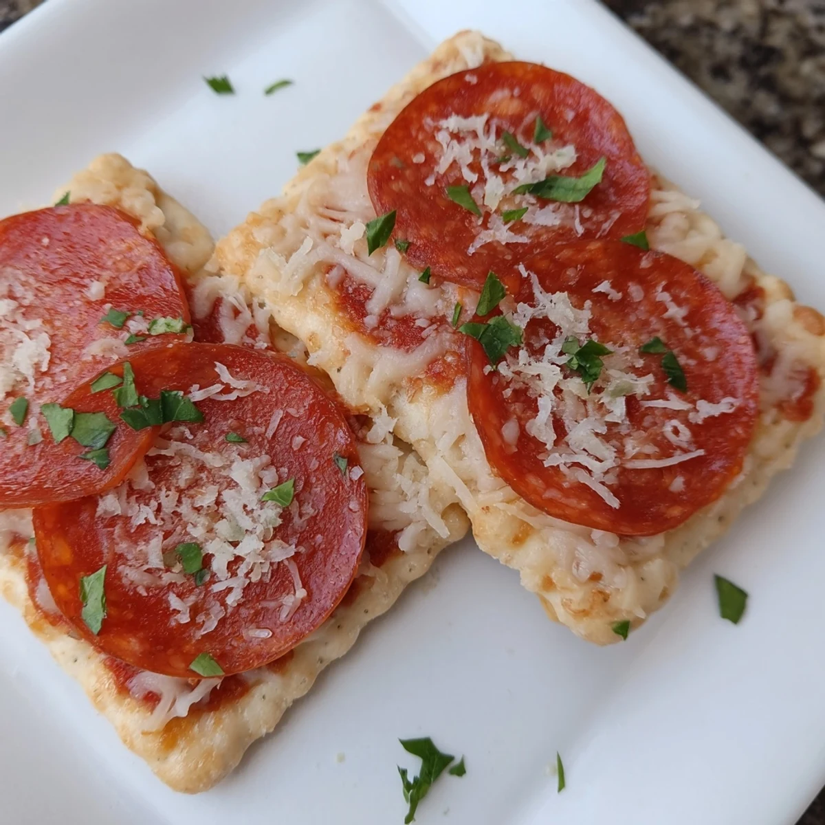 Warm and cheesy Savory Bites: Pepperoni on crackers, the perfect quick snack for a party.