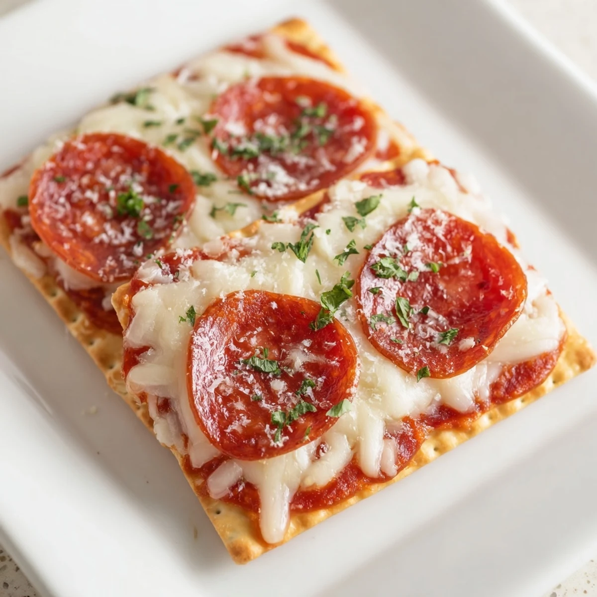 Golden-brown, bubbly Savory Bites: Pepperoni stacked on crackers, ready for a delicious appetizer.