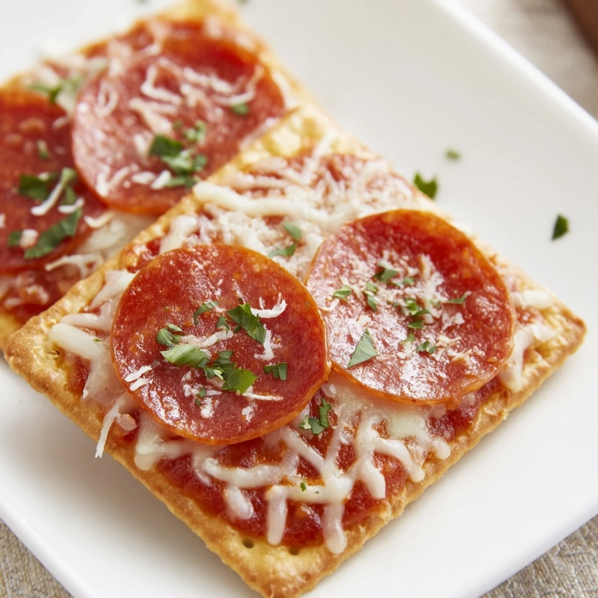 Melting mozzarella atop savory Savory Bites: Pepperoni on layered crispy crackers, a flavorful American treat.