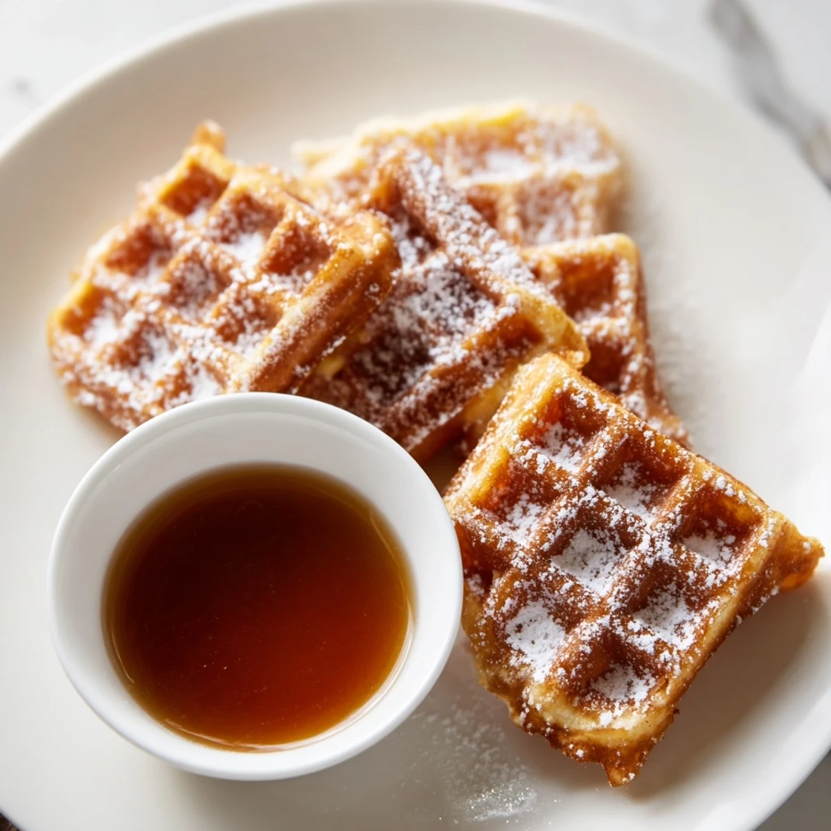 Golden-brown waffle quarters, perfect for dipping, accompanied by a rich maple syrup bowl.