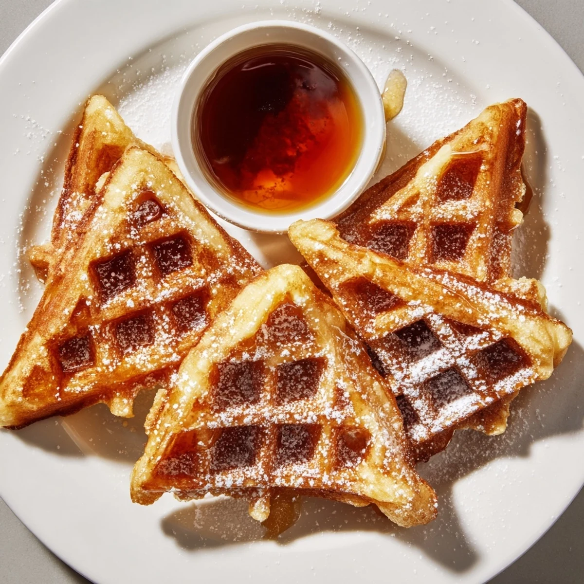 Crispy waffle quarters served with warm maple syrup, showcasing a delightful breakfast spread.