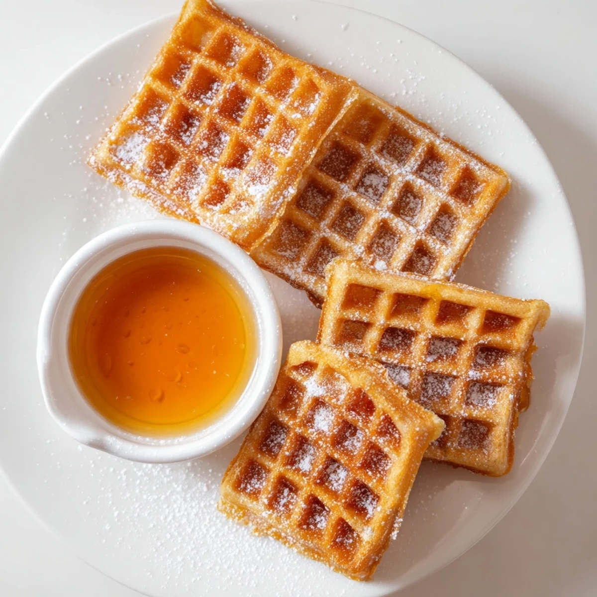 Close-up of a sweet syrup dip with freshly served waffle quarters, ready for enjoyment.