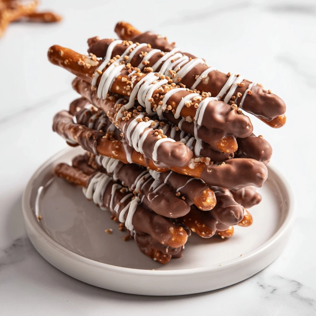 Sweet and salty chocolate covered pretzel stick stack, ready to enjoy as a quick dessert anytime.