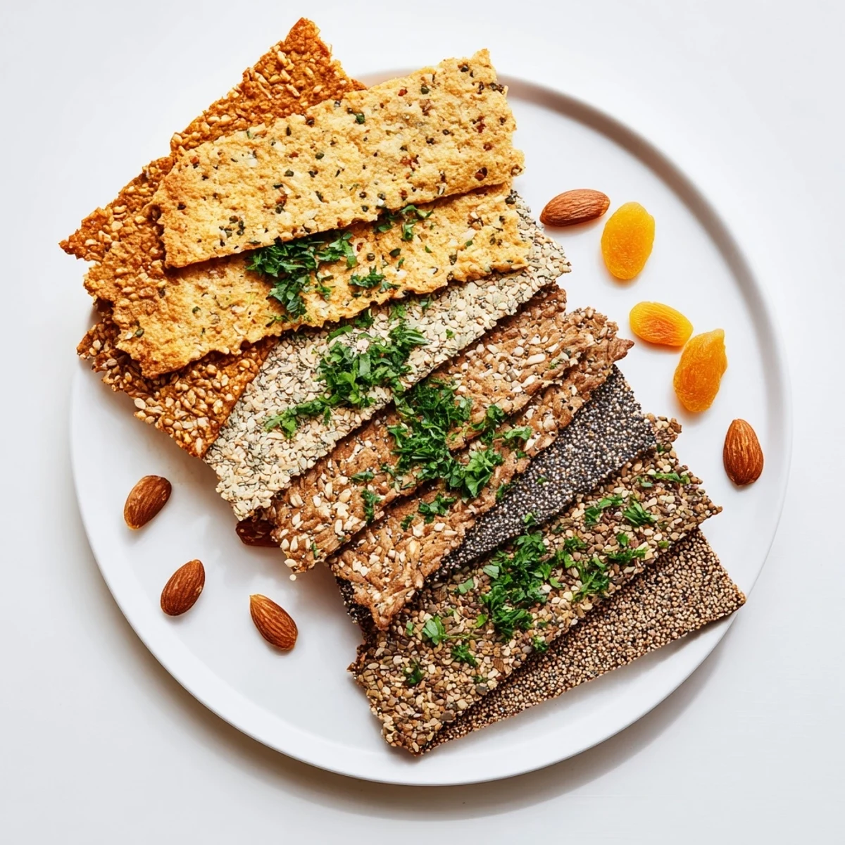 Gourmet crackers displayed in an appetizing fan, ready to serve with colorful herbs and nuts.