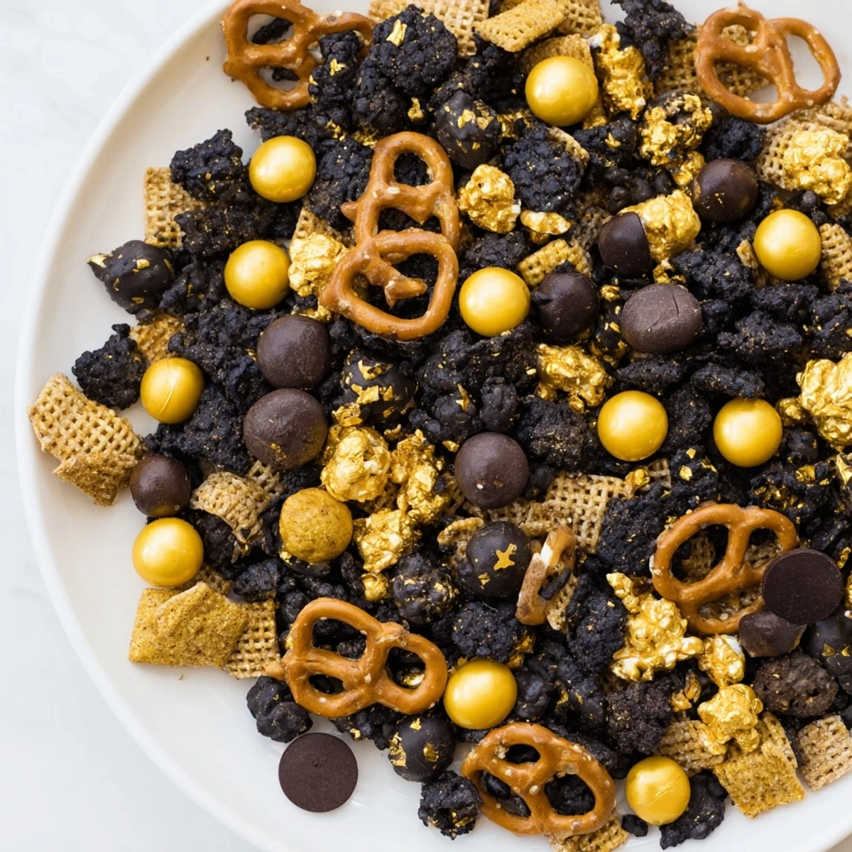 A bowl overflowing with the festive gold and black midnight snack mix, perfect for sharing and celebration.