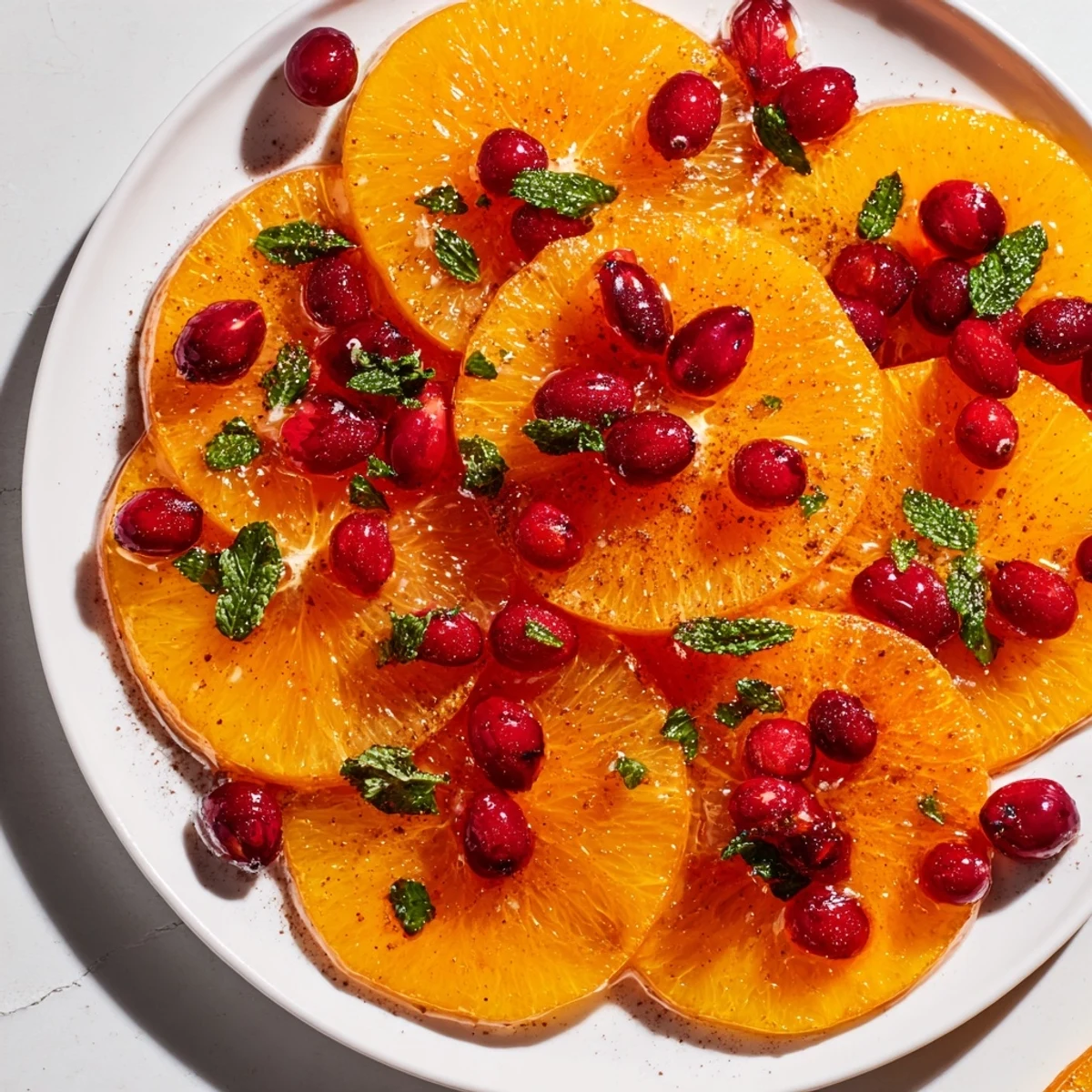 Vibrant winter salad: Orange slices and cranberries, a refreshing burst of color and flavor.