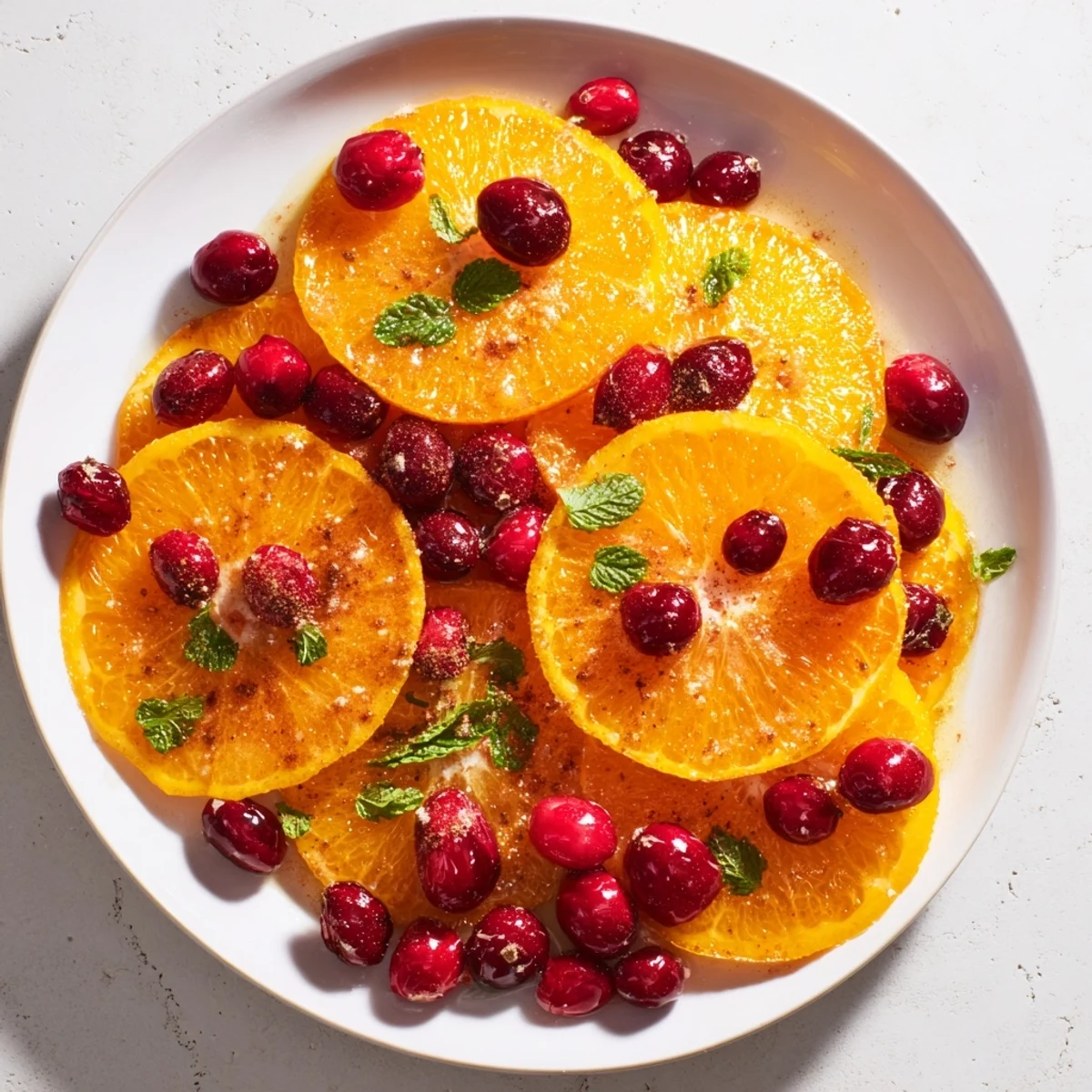 Bright, beautiful image of a winter fruit salad full of oranges and fresh cranberries.