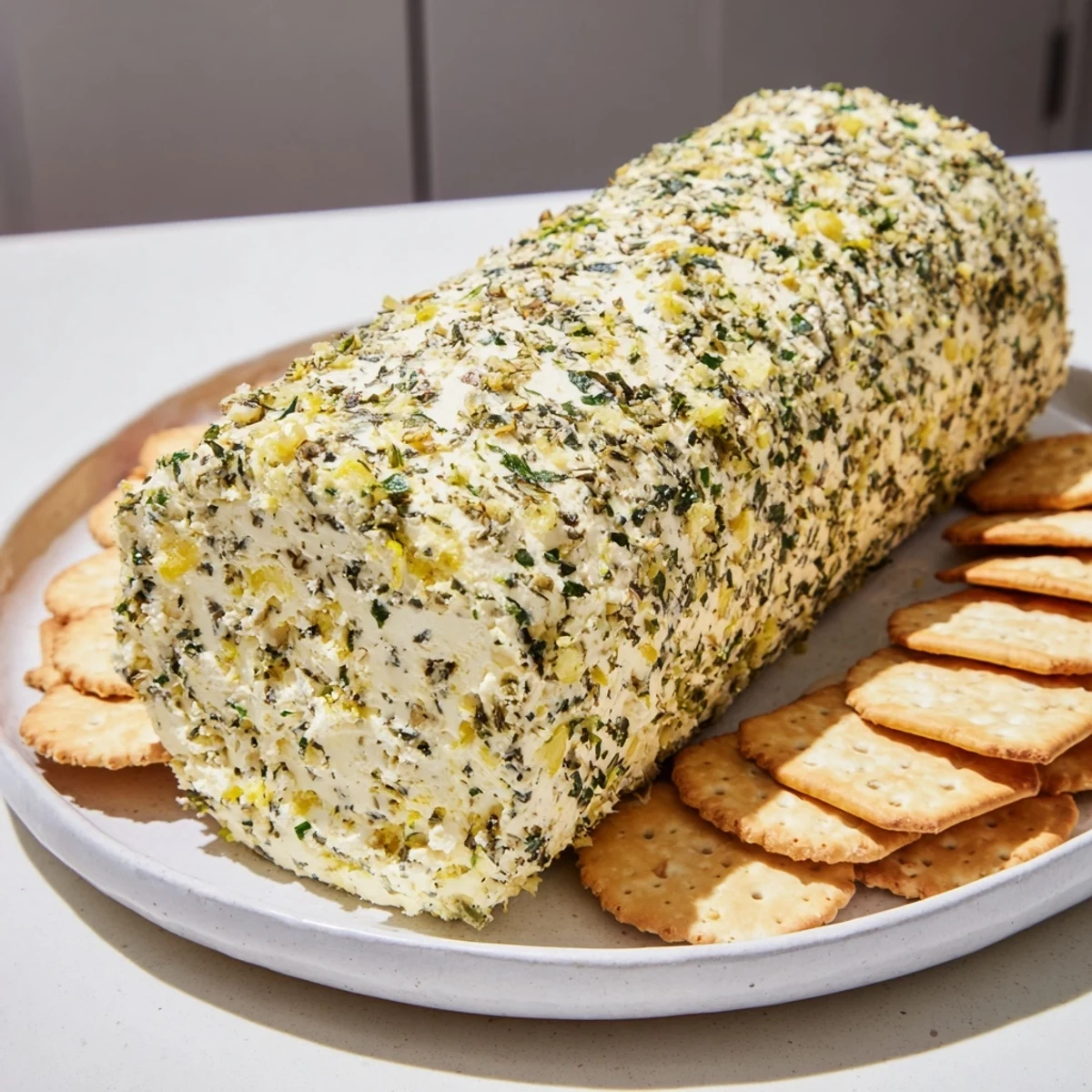 Herb-Coated Cheese Log with vibrant green herbs and a ring of crunchy crackers around it ready to serve.