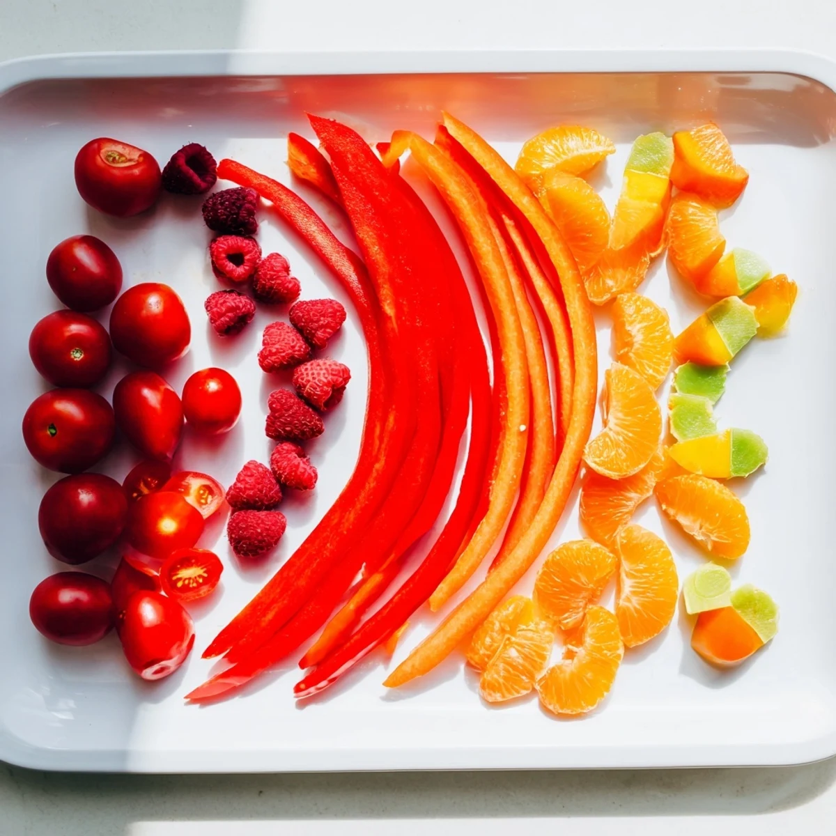 Rainbow Pride Spectrum grazing board overflowing with colorful fruits and vegetables, ready to serve.