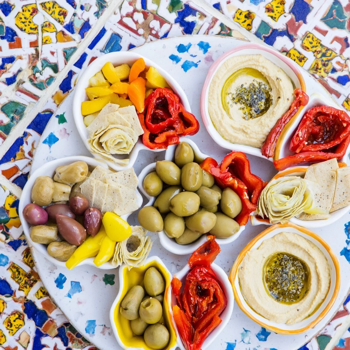 A colorful Moroccan Tile Mosaic appetizer displays vibrant dips, marinated veggies, nuts, and olives for serving.