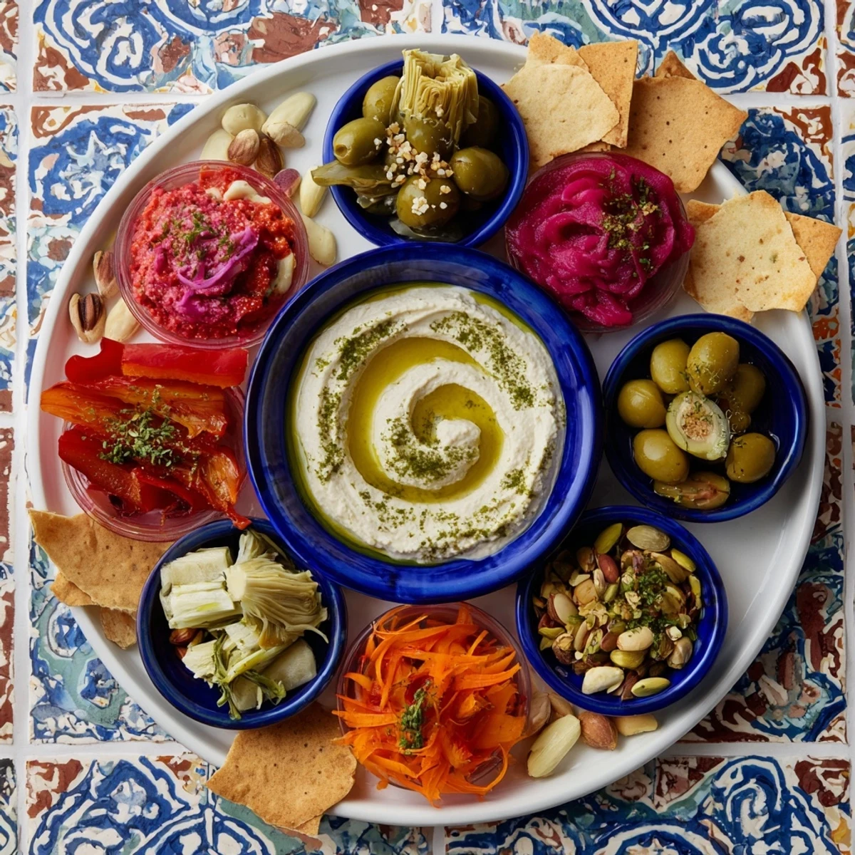 The stunning Moroccan Tile Mosaic features a mezze platter with olives, dips, and toasted bread ready to enjoy.