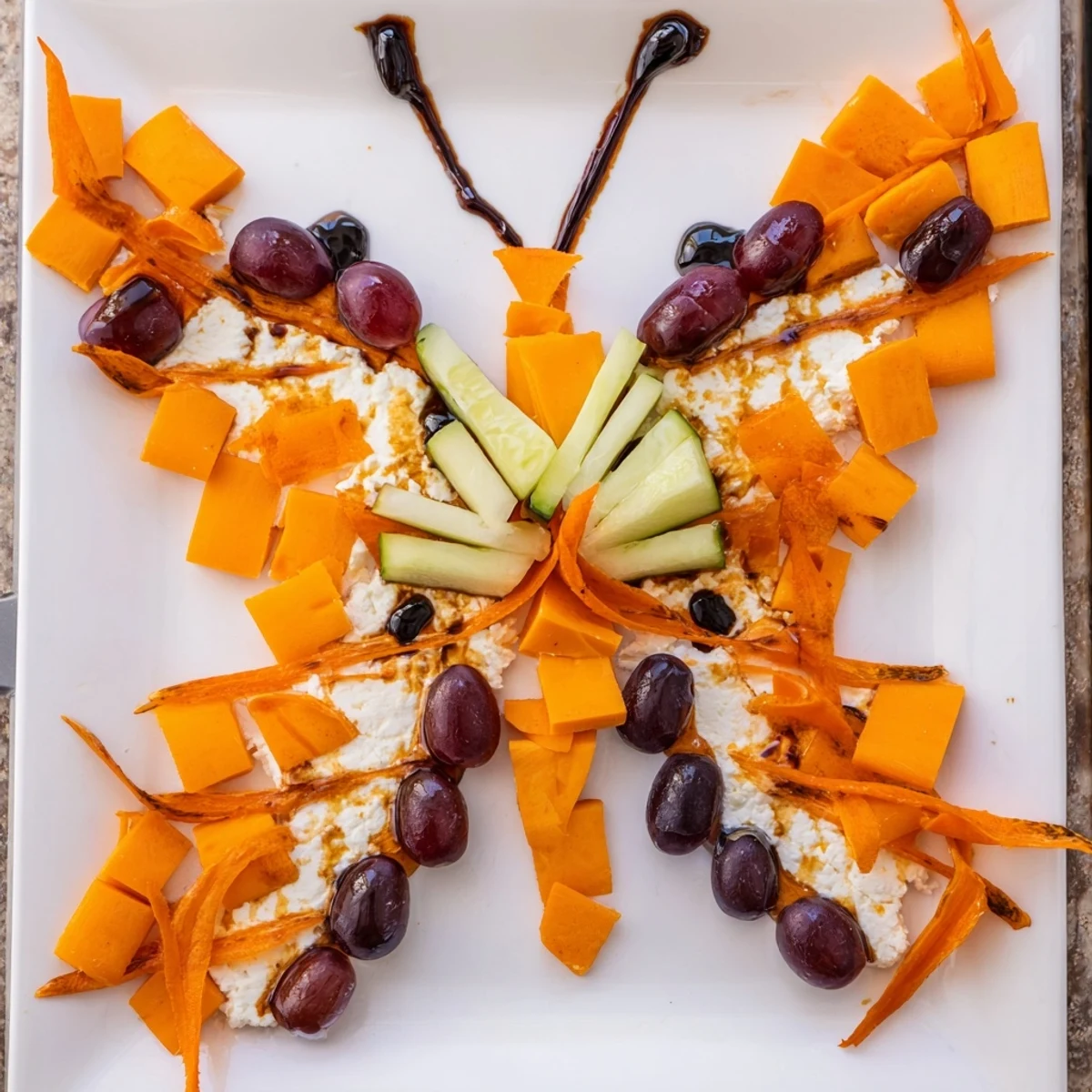 Vibrant Monarch Butterfly Wings appetizer platter with colorful oranges, blacks, and cucumber body.