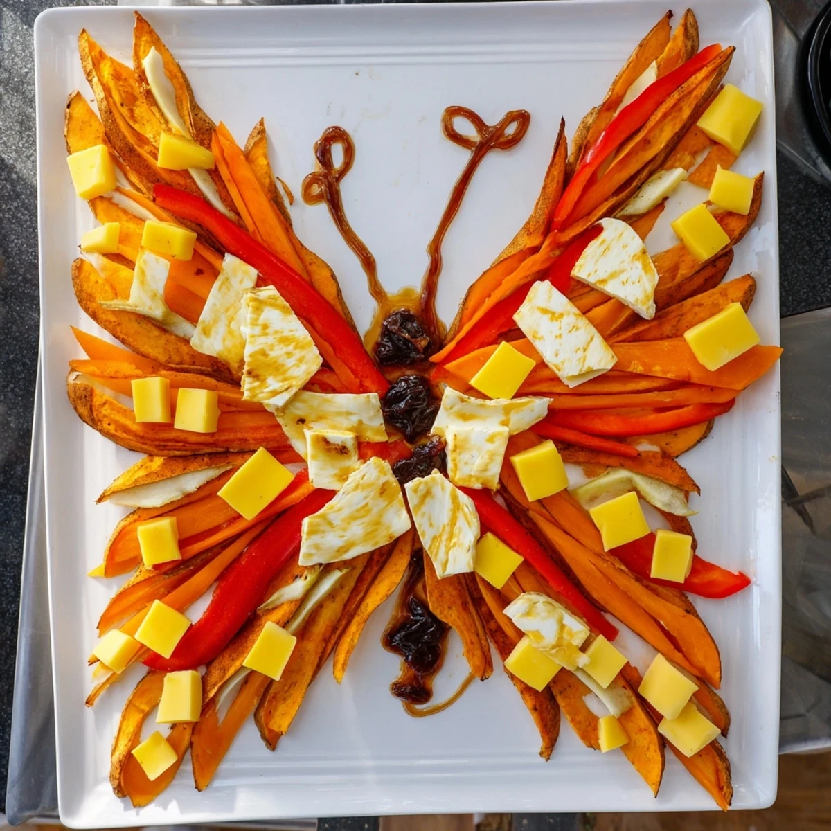 This beautiful platter of Monarch Butterfly Wings shows artful veggie and cheese patterns ready to eat.