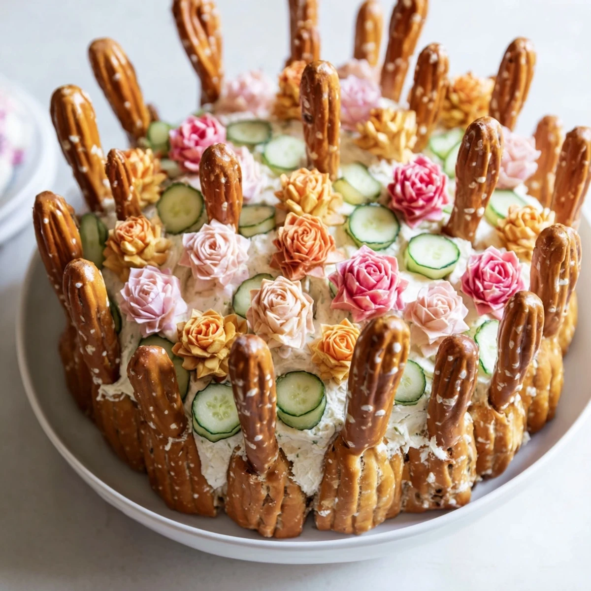 Savory Desert Cactus Bloom appetizer with pretzel needles and vibrant fruit leather flowers, ready to serve.